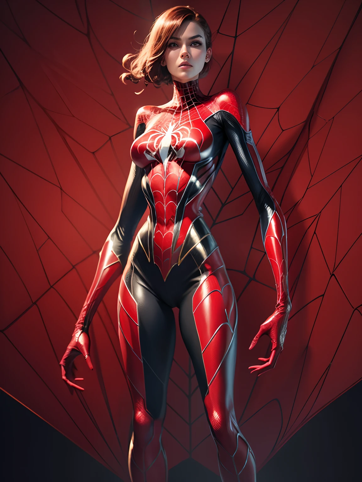 skinny spider girl superhero, red and white suit, Rendered in stunning 24k resolution, every intricate detail of her spidy superhero life on display, a symbol of her unwavering faith and courage.