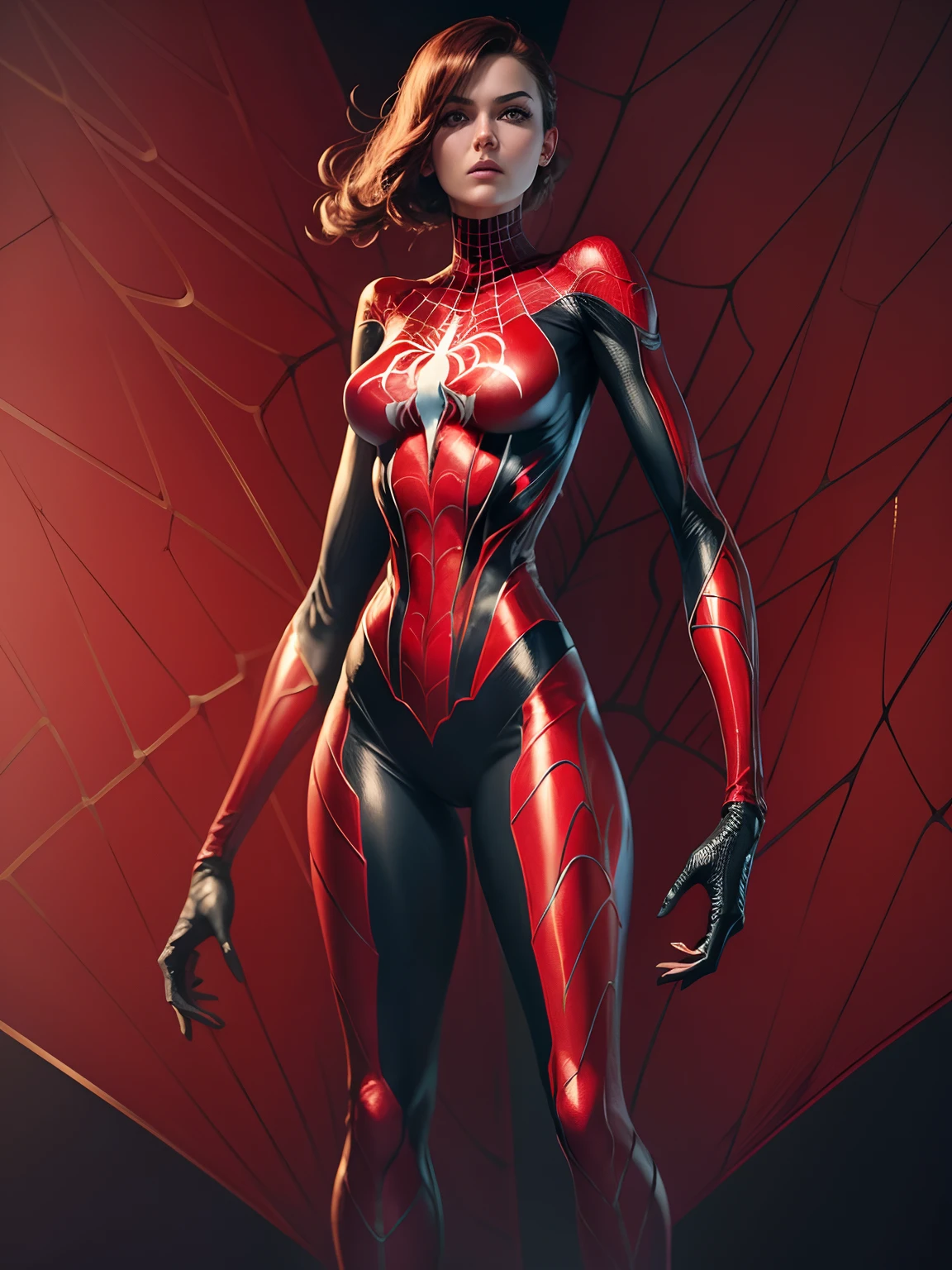 skinny spider girl superhero, red and white suit, Rendered in stunning 24k resolution, every intricate detail of her spidy superhero life on display, a symbol of her unwavering faith and courage.