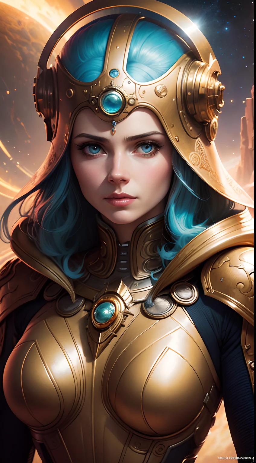 Close-up of a woman wearing a helmet and sci-fi, boris vallejo and tom bagshaw, Prophet graphic novel, Cosmic artifacts, Inspired by Earl Norem, deep dream, awarded on cgsociety, looks a bit similar to amy adams, golden turquoise steampunk, anno 2070
