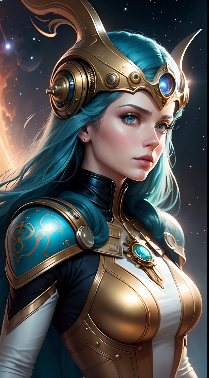 Close-up of a woman wearing a helmet and sci-fi, boris vallejo and tom bagshaw, Prophet graphic novel, Cosmic artifacts, Inspired by Earl Norem, deep dream, awarded on cgsociety, looks a bit similar to amy adams, golden turquoise steampunk, anno 2070