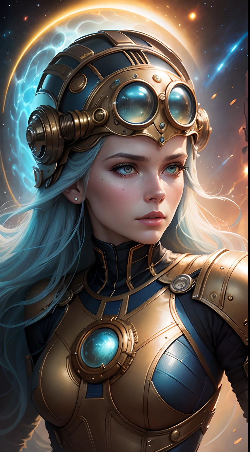 Close-up of a woman wearing a helmet and sci-fi, boris vallejo and tom bagshaw, Prophet graphic novel, Cosmic artifacts, Inspired by Earl Norem, deep dream, awarded on cgsociety, looks a bit similar to amy adams, golden turquoise steampunk, anno 2070