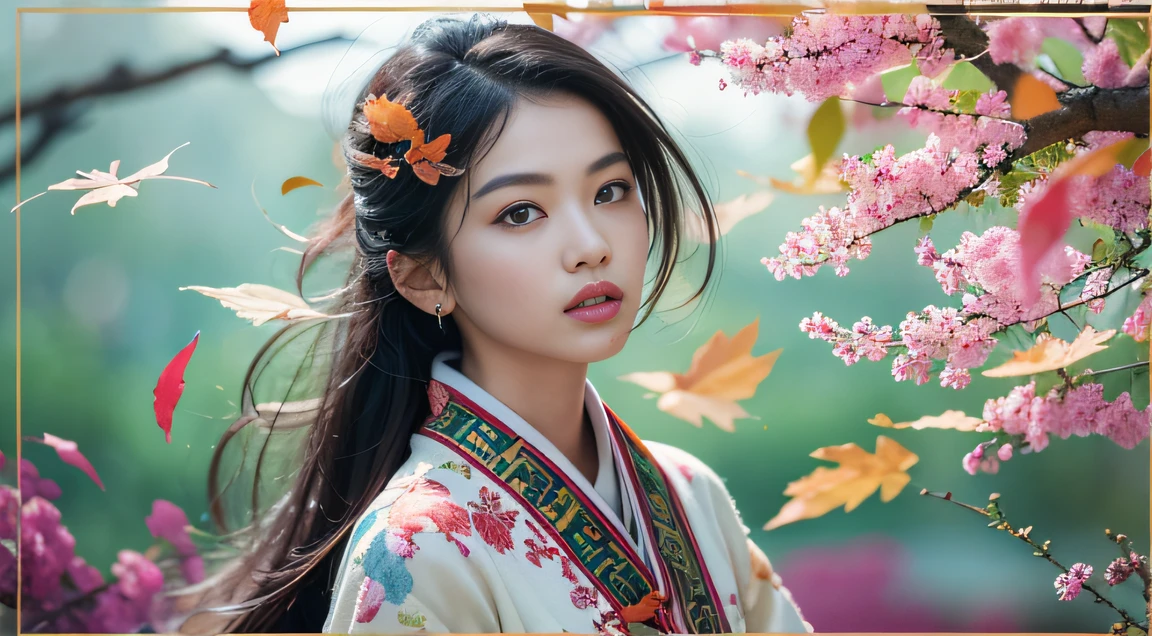 32K autumn view（tmasterpiece，k hd，hyper HD，32K）Long flowing black hair，ponds，zydink， a color， Autumn （Sexy girl）， （Blue and white silk scarf）， Combat posture， looking at the ground， long whitr hair， Floating hair， Carp pattern headdress， Chinese long-sleeved cheongsam， （Abstract gouache splash：1.2）， Pink petal background，Pink and white autumn sunset leaves fly（realisticlying：1.4），Black color hair，Fallen leaves flutter，Ten thousand flowers do not land，The background is pure， A high resolution， the detail， RAW photogr， Sharp Re， Nikon D850 Film Stock Photo by Jefferies Lee 4 Kodak Portra 400 Camera F1.6 shots, Rich colors, ultra-realistic vivid textures, Dramatic lighting, Unreal Engine Art Station Trend, cinestir 800，Long flowing black hair，Bright clothes