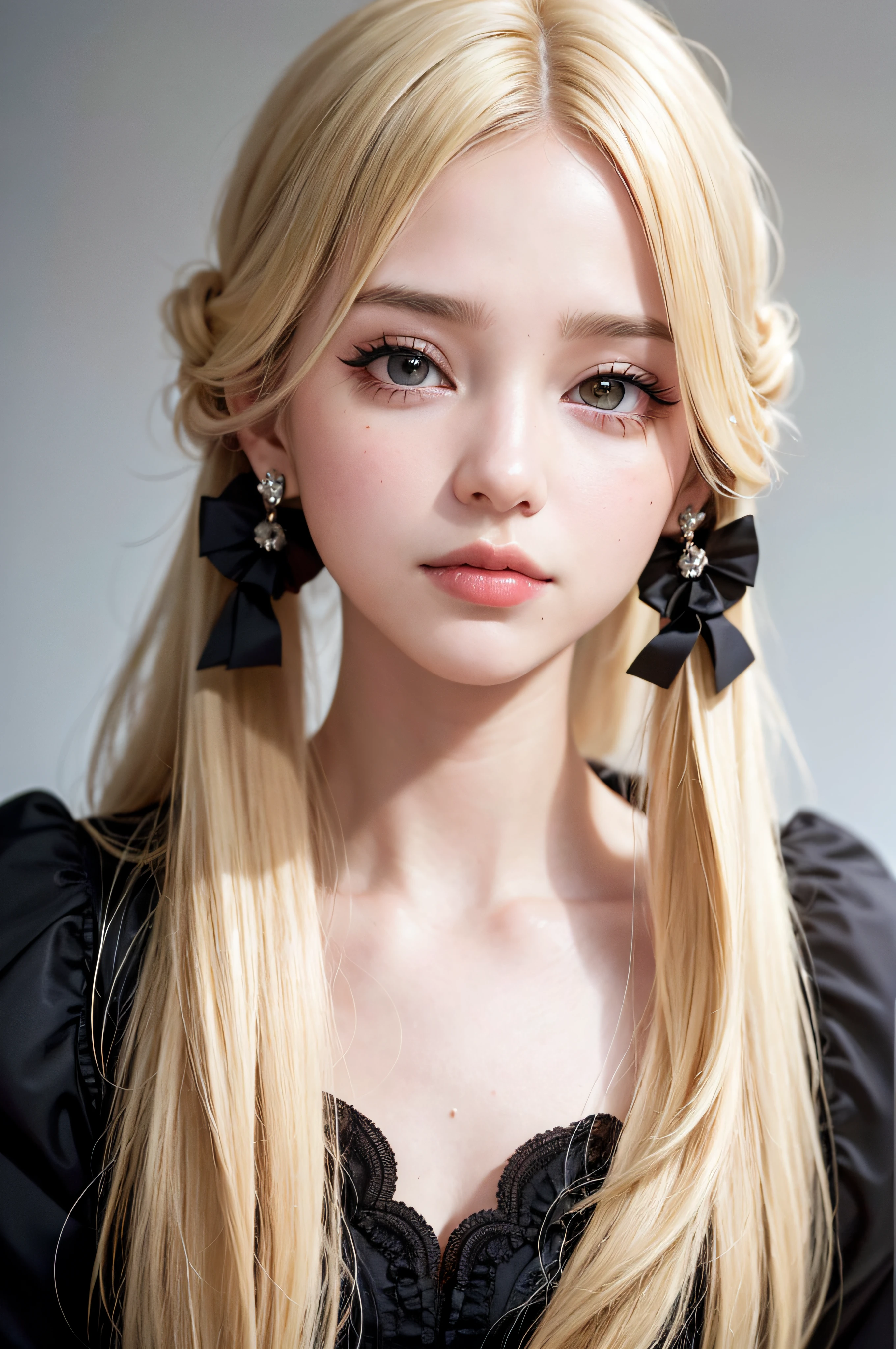 (8k, RAW photo, photorealistic) ,( lipgloss, eyelashes, gloss-face, glossy skin, best quality, ultra highres, depth of field, chromatic aberration, caustics, Broad lighting, natural shading) looking at viewer with a serene and goddess-like happiness, masterpiece, realistic, photo-realistic:1.1), 1girl, face, close-up, twintails, blonde hair, black eyes, (looking at viewer:2), absurdly long hair, long eyelashes, eyeshadow, big eyes, high contrast, portrait photography, close up, masterpiece, 20 years old woman, wavy long silky blonde hair, Black colored lipstic, symetrical face, Most beautiful women, Goddess like beauty, clears facial expressions, subtle smile, stunning women, elegant dress, in middle of avenue, 35 mm, DLSR, film grain, cinematic, intricate details, 4K, 8k, hd