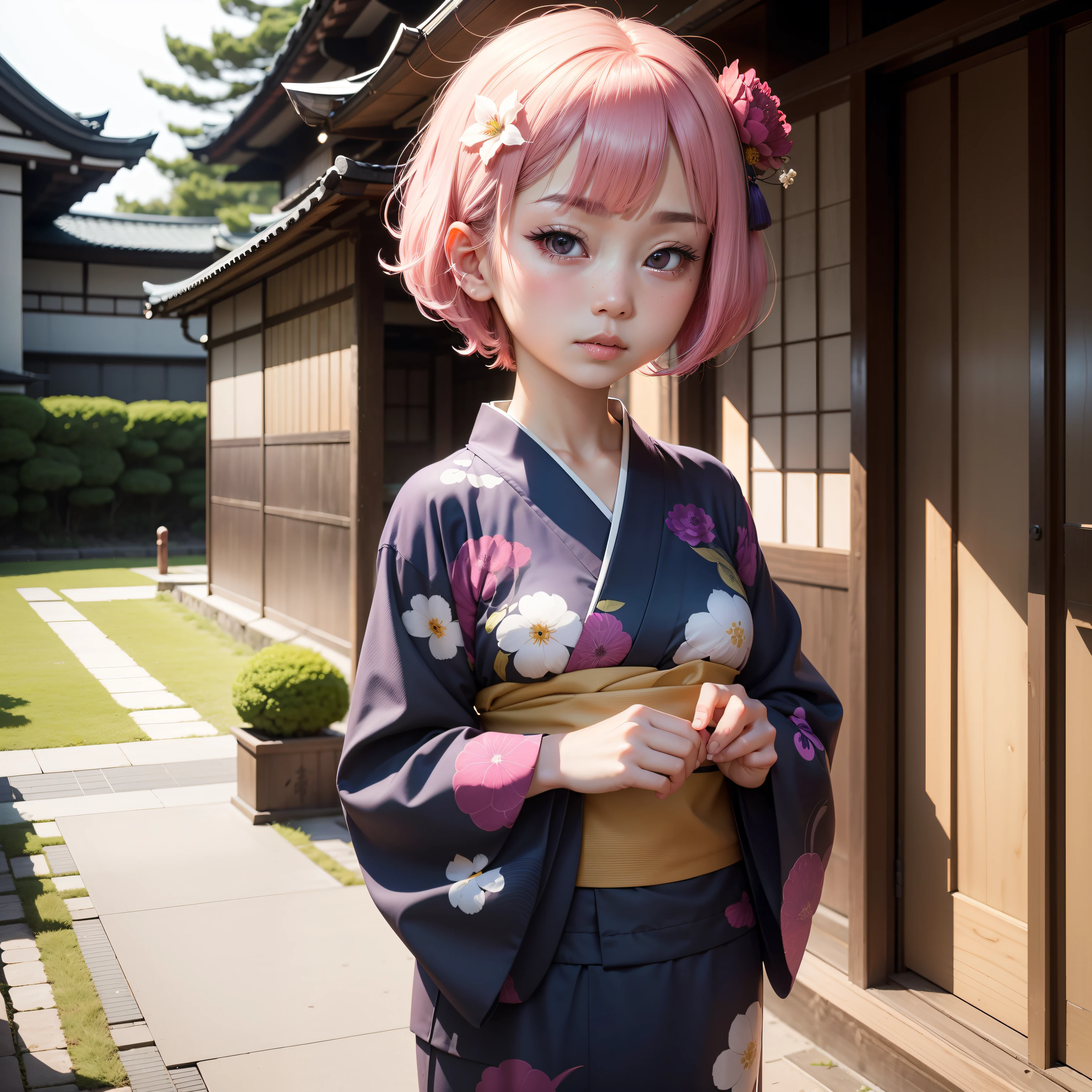 Ryokans in Japan, momohd, phmomo, Solo, 1girl in, Pink hair, Purple eyes, Short hair, Hair Flower, In a yukata,Kamimei, Big eyes, embarrassed,