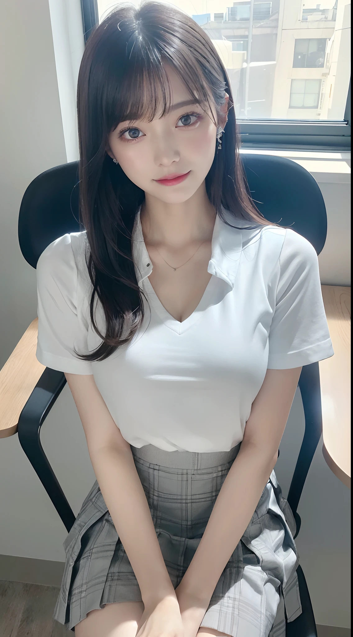 Innocent 20 year old girl、hi-school girl,((White Y-shirt、School uniform skirt、Plain gray skirt, Dramatic poses)),Smile,short-cut,Modern room、Raw photo, (8K、top-quality、masterpiece:1.2)、(intricate detailes:1.4)、(Photorealsitic:1.4)、octane renderings、Complex 3D rendering ultra detail, Studio Soft Light, Rim Lights, vibrant detail, super detailing, realistic skin textures, Detail Face, Beautiful detail eyes, Very detailed CG Unity 16k wallpaper, make - up, (detailedbackground:1.2), shinny skin, Full body、cleavage of the breast,((Angle looking down from above、Sit in a chair next to your desk,open one's legs))