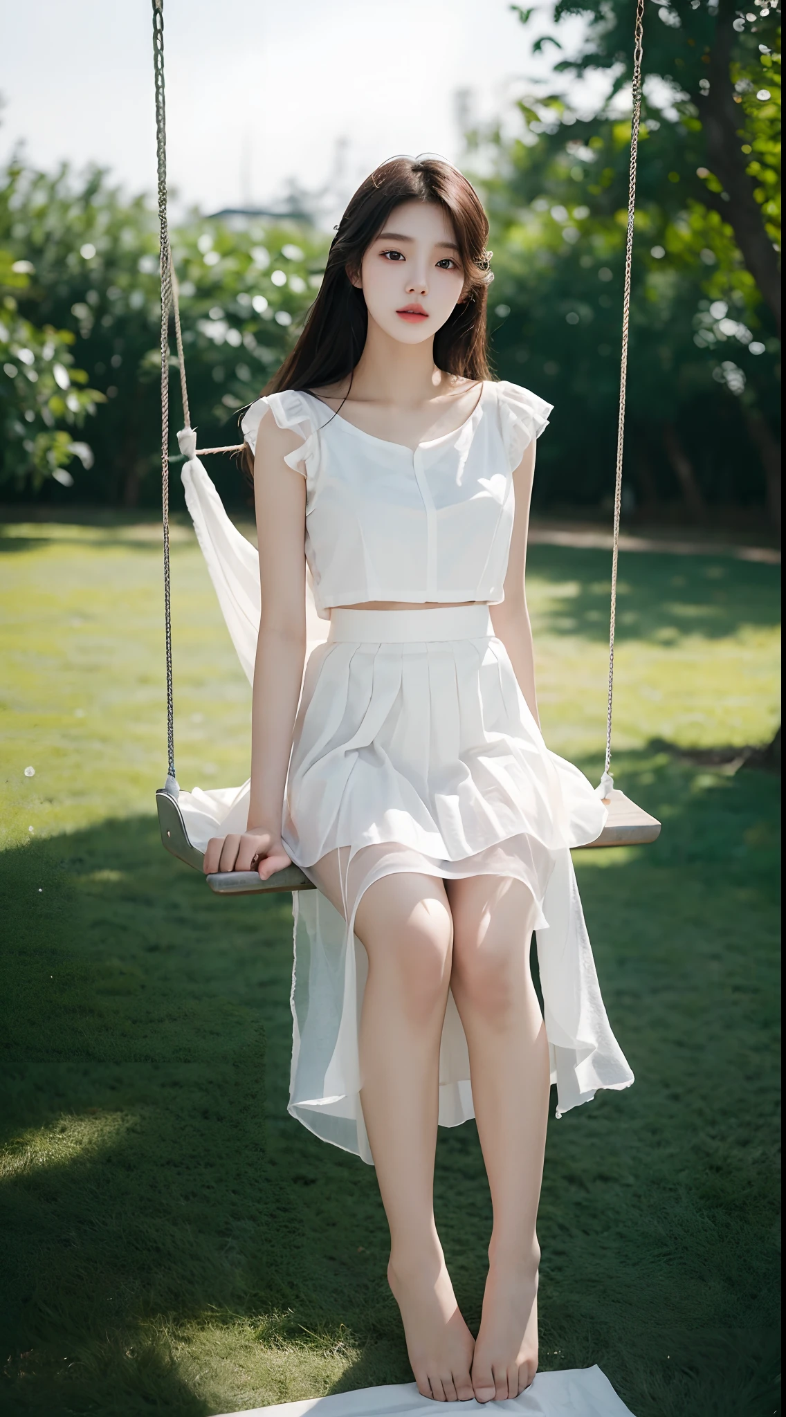 (Best quality, Masterpiece), 1girll, Korean girls,18yr old,Absolutely beautiful, Amazing, on swing,Noble,perfect bodies, White skin,The gauze skirt flew up,Very real,goodlooking,Ethereal beauty