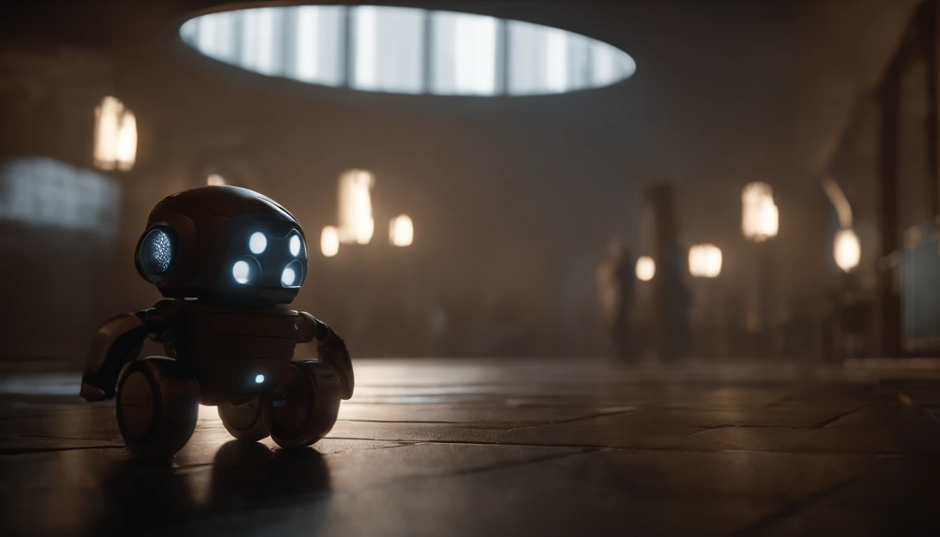 a baby, ??? Robot,(masterpiece,extreme detailed,top quality) , Ruin ,very cute robot, (Movie lighting),(light and shadow effect),(unreal-engine),(Tyndall),(cinema4d),(Super futuristic fantasy style),(8k wallpaper),(tmasterpiece),(Photography Award),realisticlying