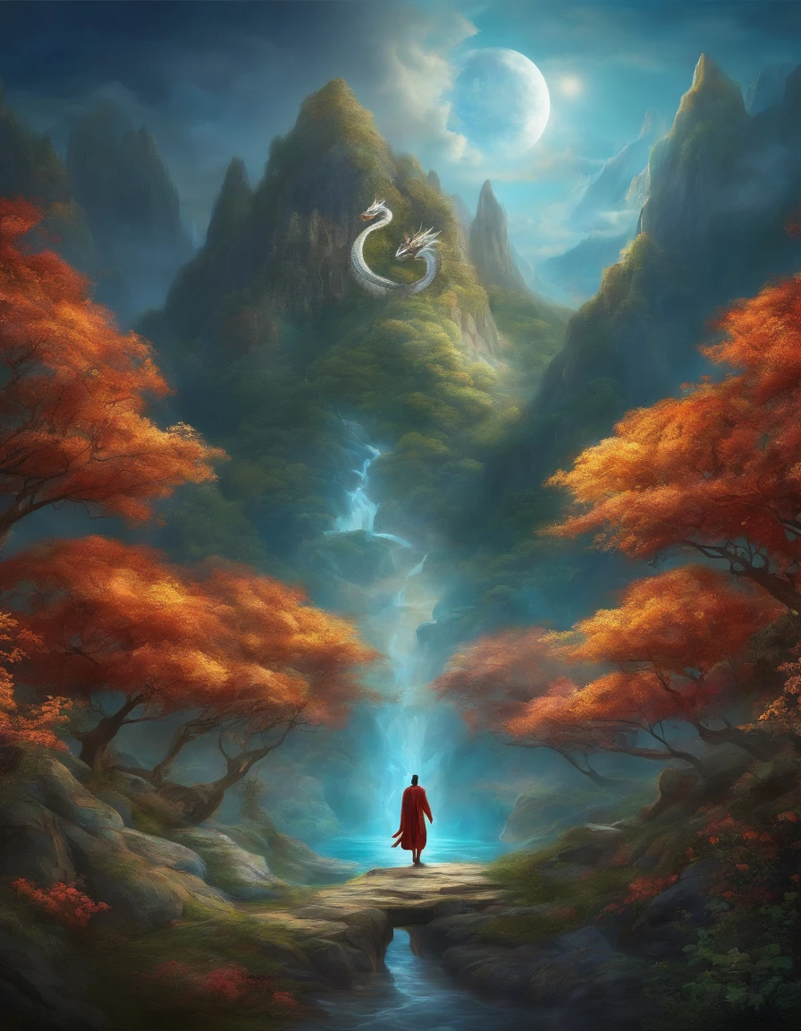 "Create an illustration titled 'A New Journey.' It should feature a dragon deity, spiritual essence, divine radiance, set against a clear sky in a fantastical world."
