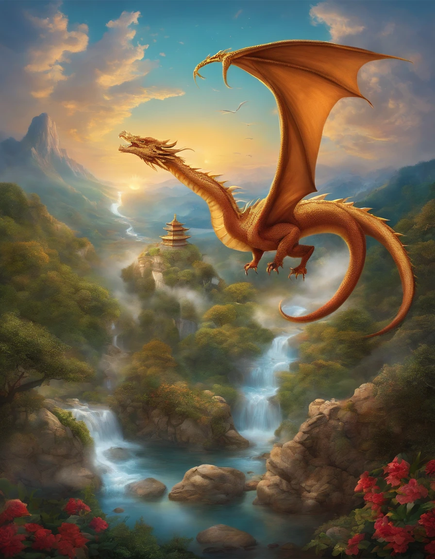 "Create an illustration titled 'A New Journey.' It should feature a dragon deity, spiritual essence, divine radiance, set against a clear sky in a fantastical world."