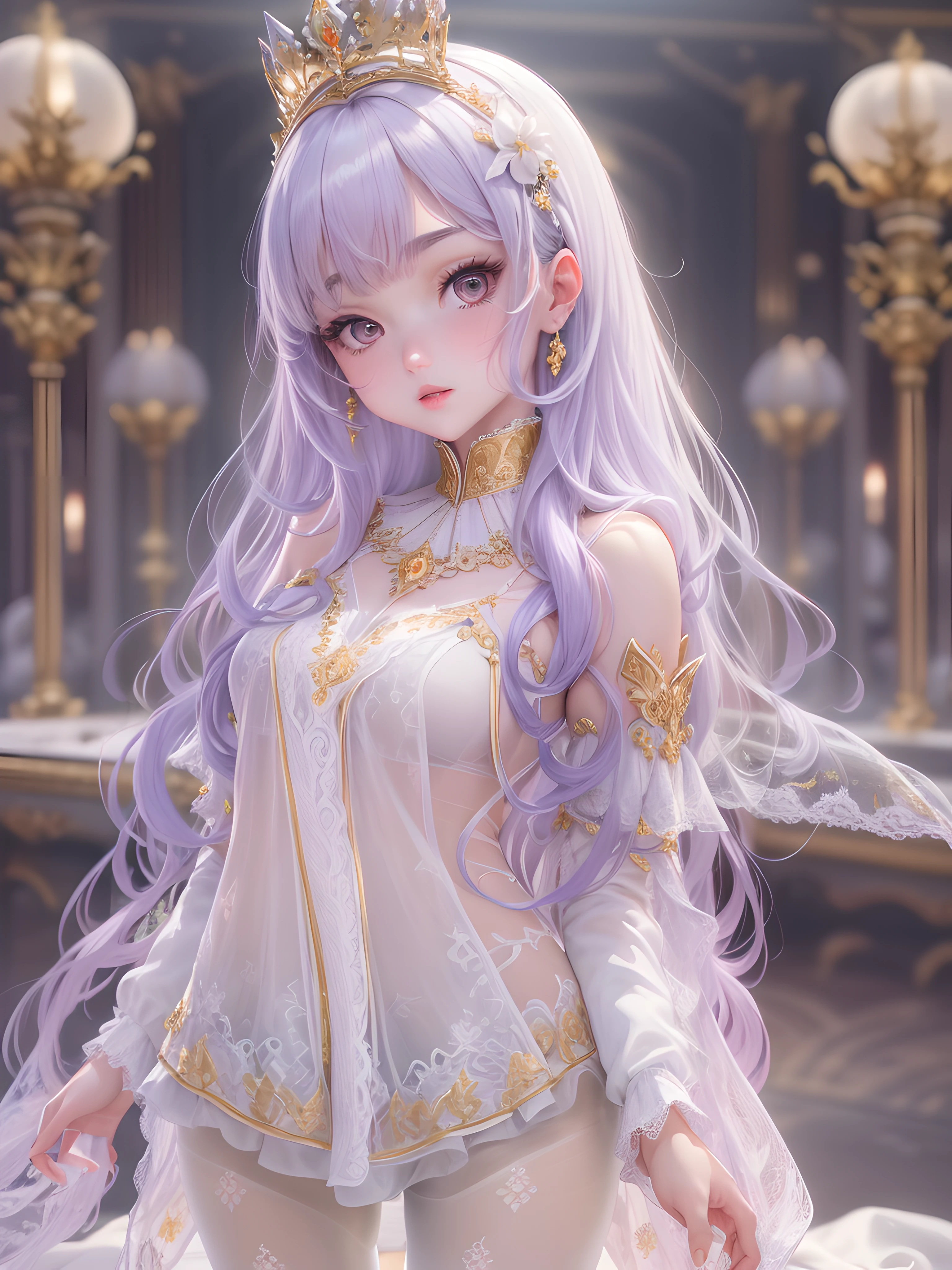 (enchanced quality:1.4),Unbeatable masterpiece, ultra realistic 8k cg, Perfect artwork, Delicate pattern, intricately details, (Rich:1.4), 1 girl,,Solo,O-shaped face,(full bodyesbian:1.5),(White pantyhose:1.4),Soft and fair skin,zettai ryouiki,((perfect women figure)), (Light purple hair),Long hair,(Foot:1.5),Divine goddess, Shiny skin, skin indentation, Lace, Lace trim, lace-trimmed legwear, prestige, Gorgeous, luxury goods, Royal Palace, jewelry, Pedras preciosas, gold, Silver, Diamond, Reflectors, Sapphire, Ruby, Emerald, the pearl, amber, obsidian,