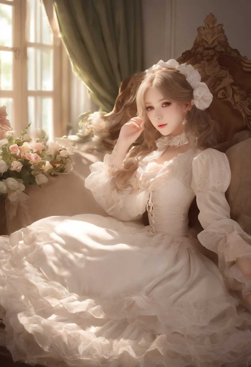 (lingerie:1.3), Takanobu Fujiwara(Takanobu Fujiwara)Digital rendering inspired by, pixiv, rococo, Victoria Gothic Lolita Fashion, Lolita Style,lolita fashion, one-piece,She is lying on a bed in the palace kitchen,petticoat,open your legs, (Detailed description of the garment), cold, White skin, (Detailed description of blush), 1080p,8k wallpaper、Top Quality