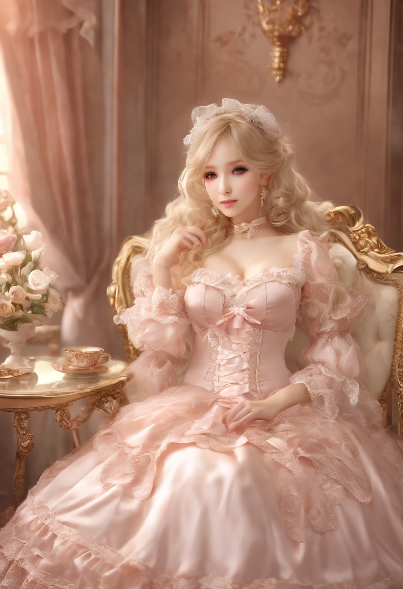 (lingerie:1.3), Takanobu Fujiwara(Takanobu Fujiwara)Digital rendering inspired by, pixiv, rococo, Victoria Gothic Lolita Fashion, Lolita Style,lolita fashion, one-piece,She is lying on a bed in the palace kitchen,petticoat,open your legs, (Detailed description of the garment), cold, White skin, (Detailed description of blush), 1080p,8k wallpaper、Top  Quality