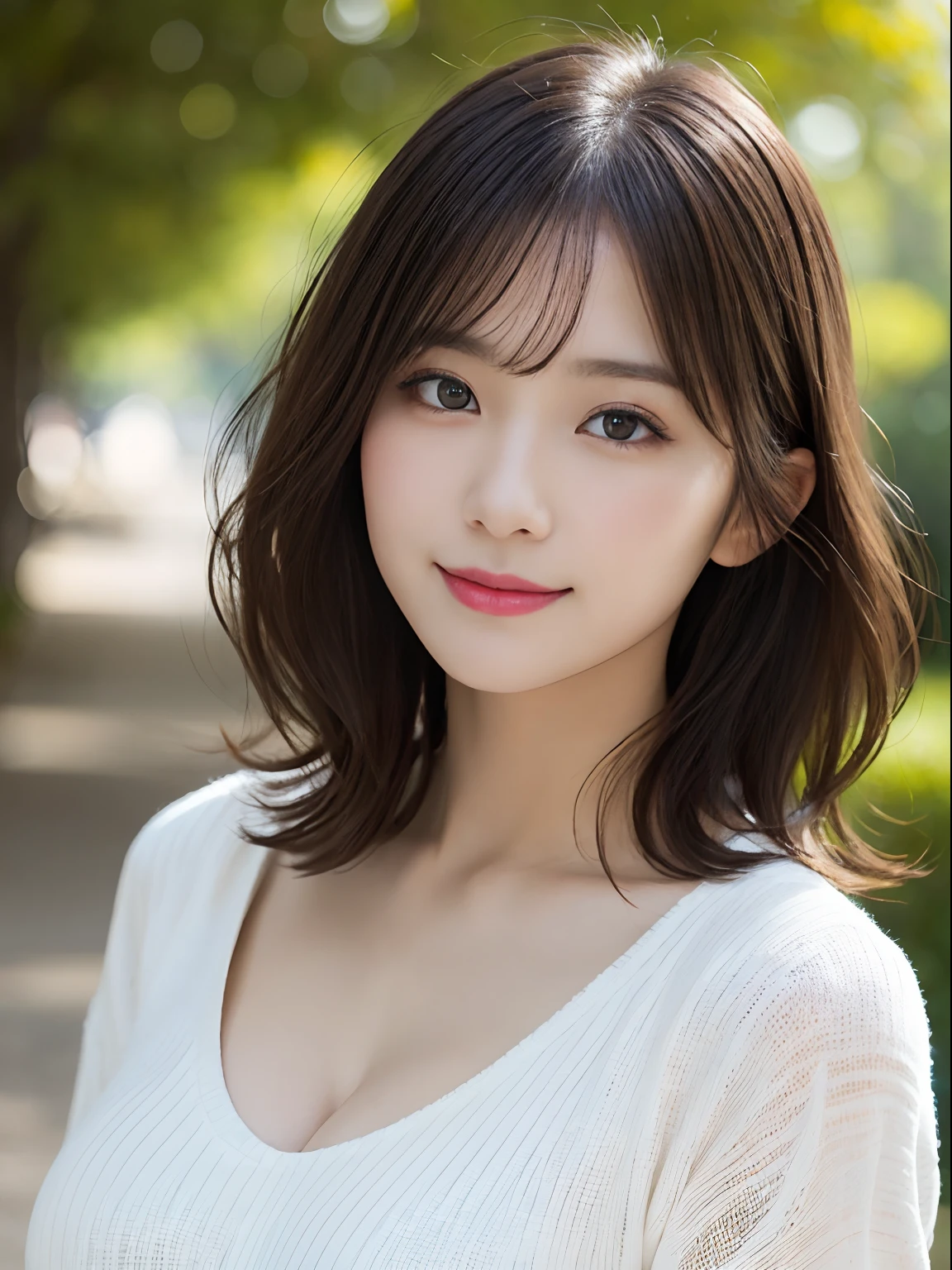 masutepiece, Best Quality, Photorealsitic, finely detail, hight resolution, 8K Wallpapers, Perfect dynamic composition, Beautiful detailed eyes, (((Medium short wavy hair))), (((large full breasts))), Random and sexy poses,Random situations、Tight knitted shirt、Breast bulge、cleavage of the breast、A smile、bokeh feeling、natural、Beautiful resort scenery、Bright sunshine、25-years old、(Drooping eyes 1.5)、Adult beauty、natural、japanes