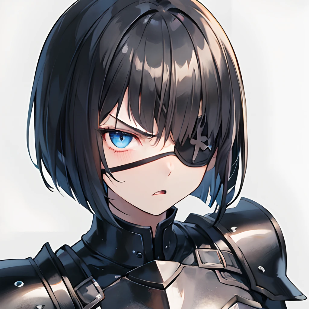 1girl, short black hair, bob cut, blue eyes, black eyepatch, medium breast, black armor, portrait, simple background, furious expression, looking at the camera, from the front, 4k