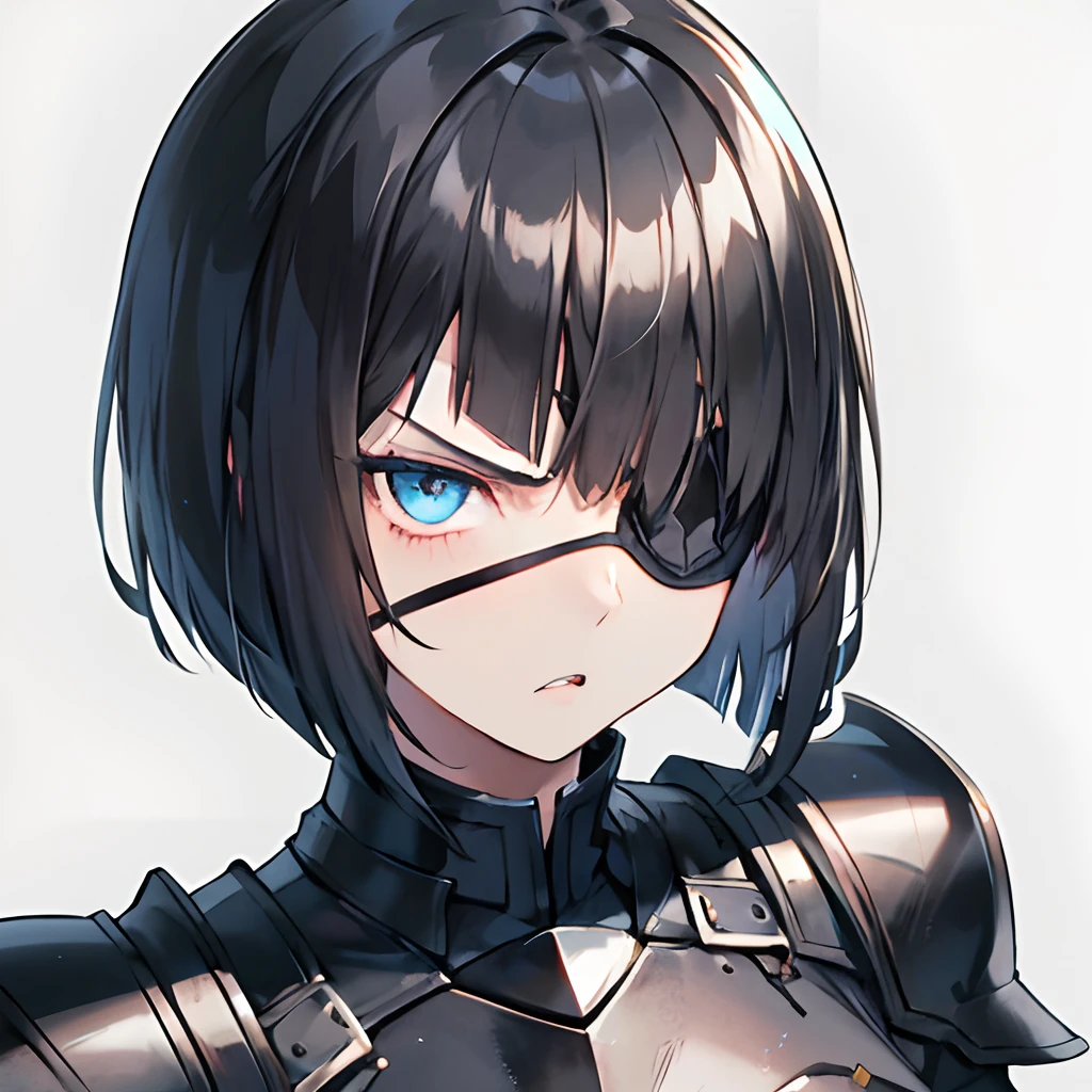 1girl, short black hair, bob cut, blue eyes, black eyepatch, medium breast, black armor, portrait, simple background, furious expression, looking at the camera, from the front, 4k