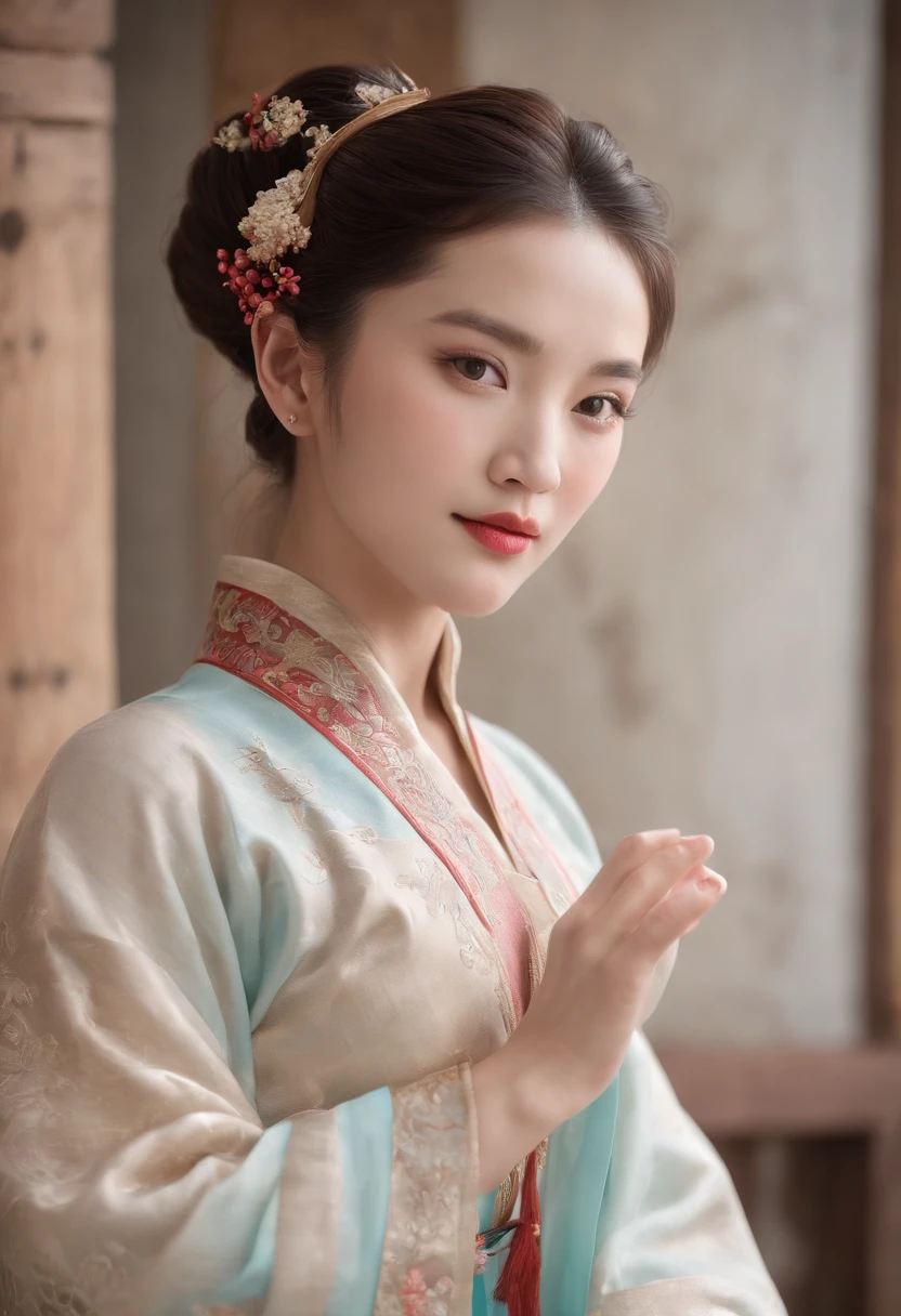 A beautiful woman dressed in Han costume，（Holding a painting in both hands），hair-bun，Hanfu，middle aged women，aged 40，Stunning，Full body like，(Best quality,4K,8K,A high resolution,Masterpiece:1.2),(Ultra-detailed),(Realistic,Photorealistic,photo-realistic:1.37),(hdr),(hyper HD),(Studio lighting),(Ultra-fine painting),(Sharp focus),(Physically-based rendering),(Extreme detail description),(professional),(Vivid colors),(Bokeh),(sportrait),(Chinese calligraphy),(Warm color tones),(Soft lighting)，Chinese Ancient Architecture