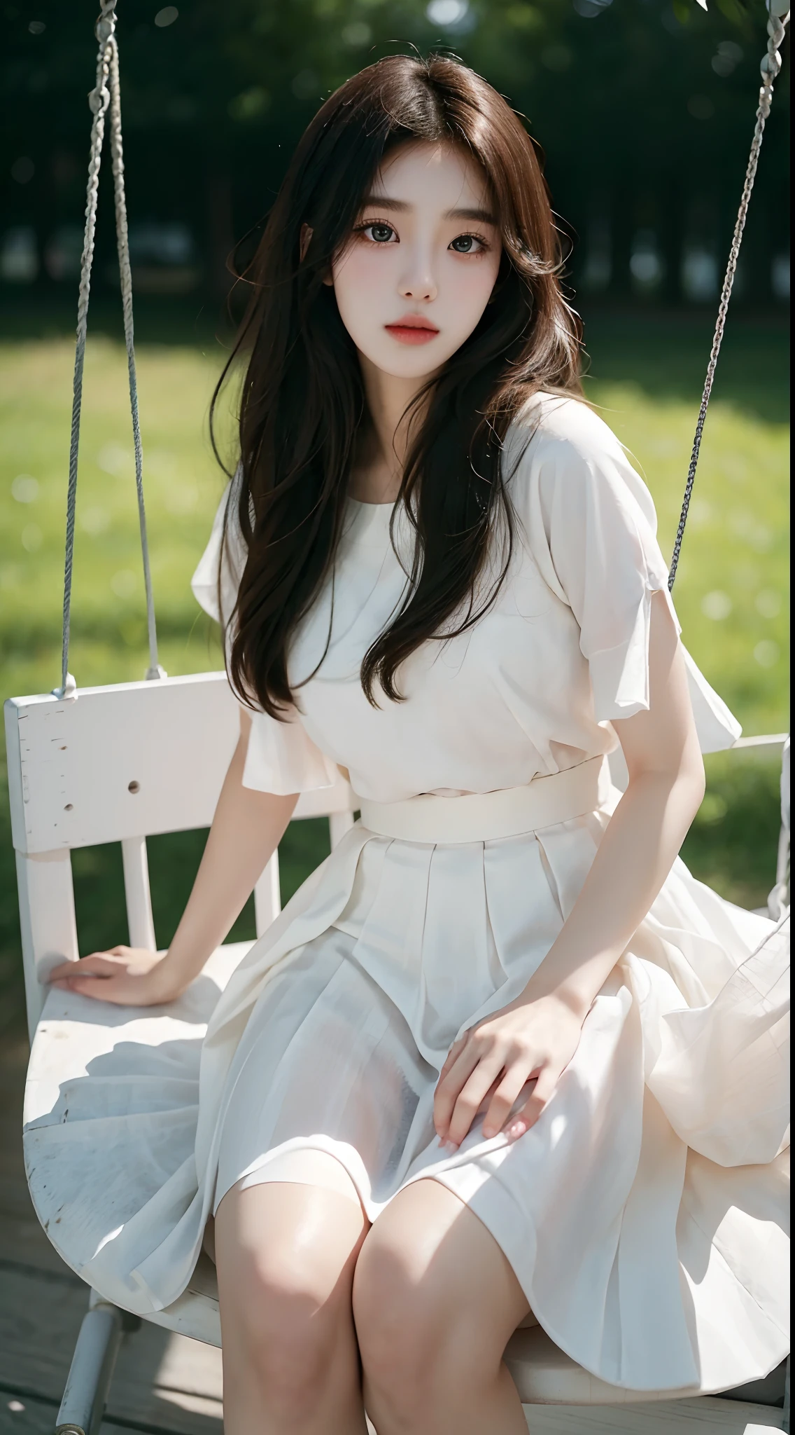 (Best quality, Masterpiece), 1girll, Korean girls，18yr old，Absolutely beautiful, Amazing, on swing，Noble,perfect bodies, Charming eyes，Long eyelashes，White skin，The gauze skirt flew up，Very real，goodlooking，Ethereal beauty