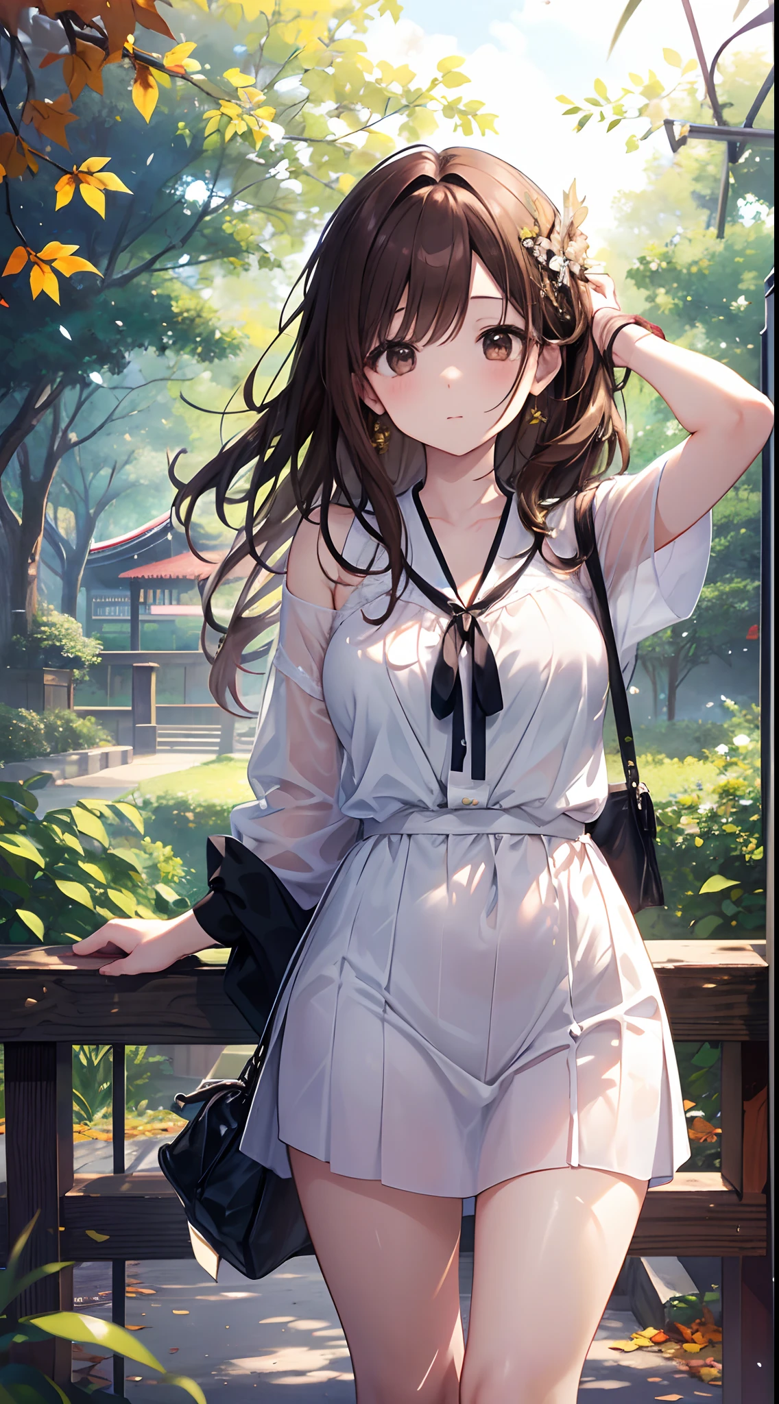 Hi-Res、​masterpiece、Chizuru Ichinose、Brown hair、Soio、Female one、a park、Colored leaves、细致背景、A detailed eye、（（Brown-eyed））,Beautiful and perfect legs, Clean and perfect hands