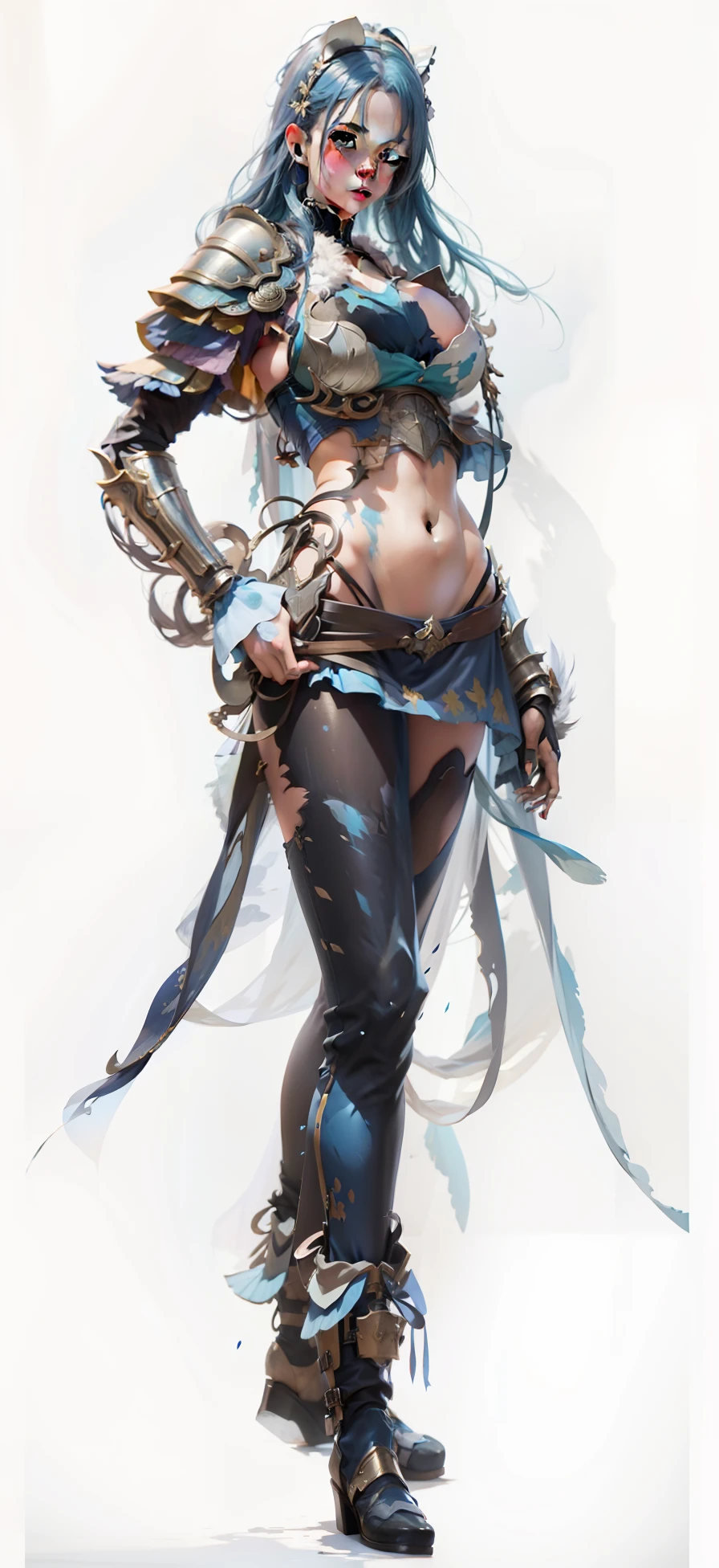 blue hair,hentail realism, shadowing,,character sheets, reference sheet, Standing painting, 8K, Super detail, 1080p, Women's HD,femele, 16k, A high resolution, Best quality, High quality, Anatomically correct, Masterpiece, ccurate, hyper HD,As graceful as a swan,unreal-engine, Ghibli-like colors, anime big breast, Standing painting, angle of view,battle armor,ssee-through,Lace skirt
