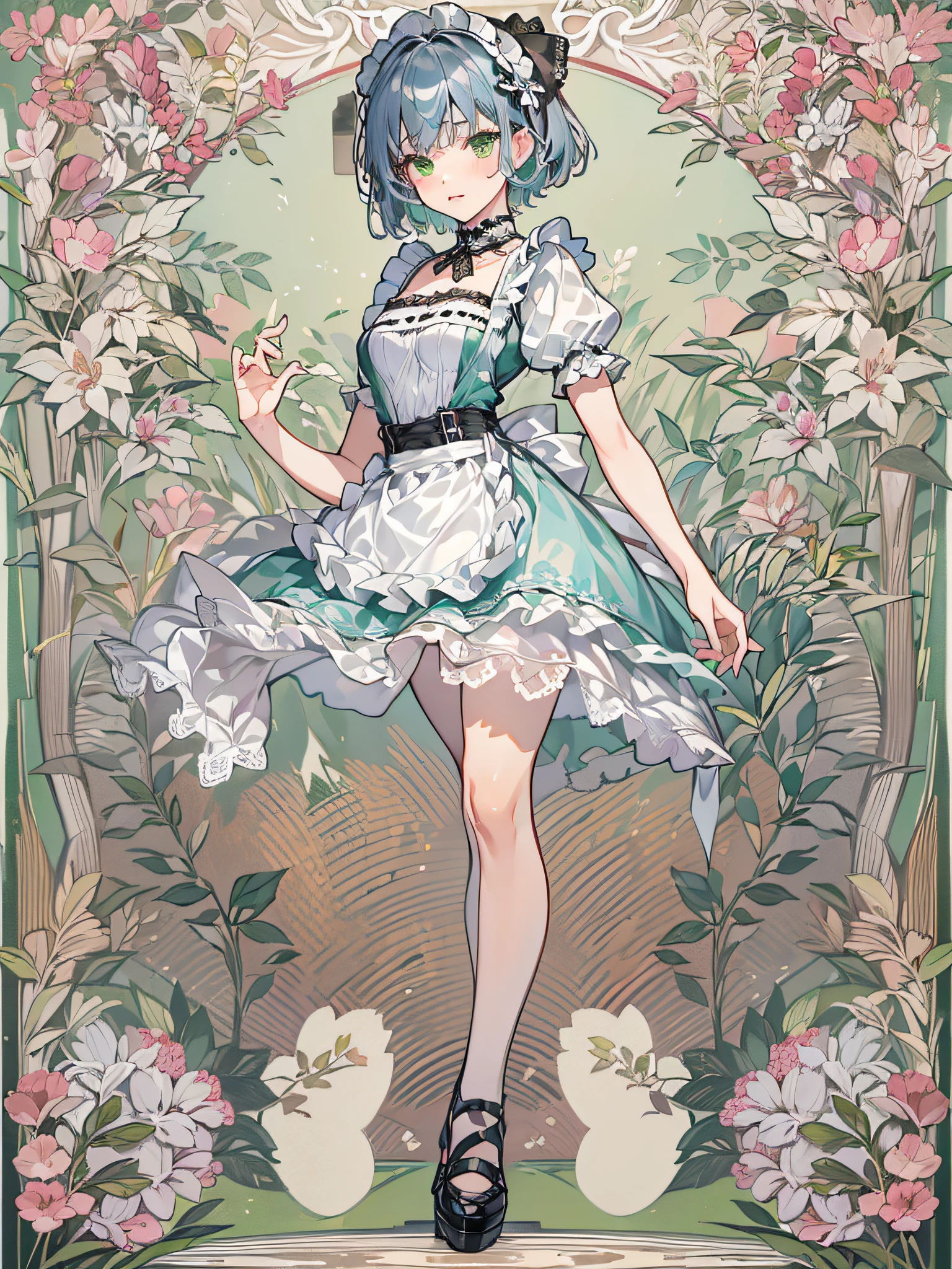 girl, solo, full body, blue silver hair, blunt bangs and short hair, green eyes, She is standing one foot and other foot to back that is arabesque style like a ballet, She is wearing black maid costume, white lace collar with, white color apron that has breastplate and has white lace ruffles at shoulder straps, head dress with white lace ruffles, black strapped shoes, Mucha-Style Backgrounds