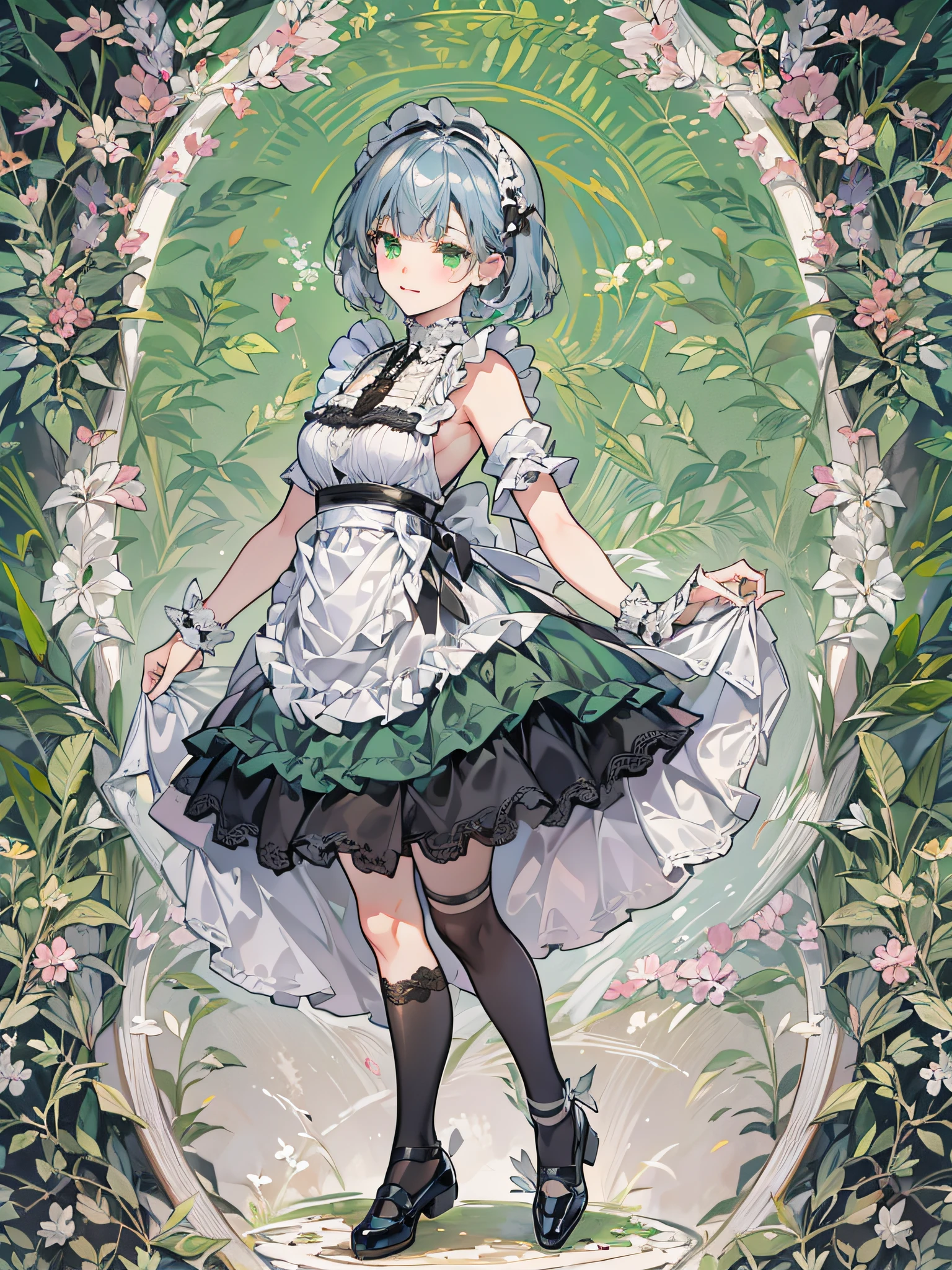 teen girl, solo, full body, blue silver hair, blunt bangs and short hair, green eyes,  She is standing one foot and other foot to back that is arabesque style like a ballet, She is wearing black maid costume, white lace collar with, white color apron that has breastplate and has white lace ruffles at shoulder straps, head dress with white lace ruffles, black strapped shoes, Mucha-Style Backgrounds