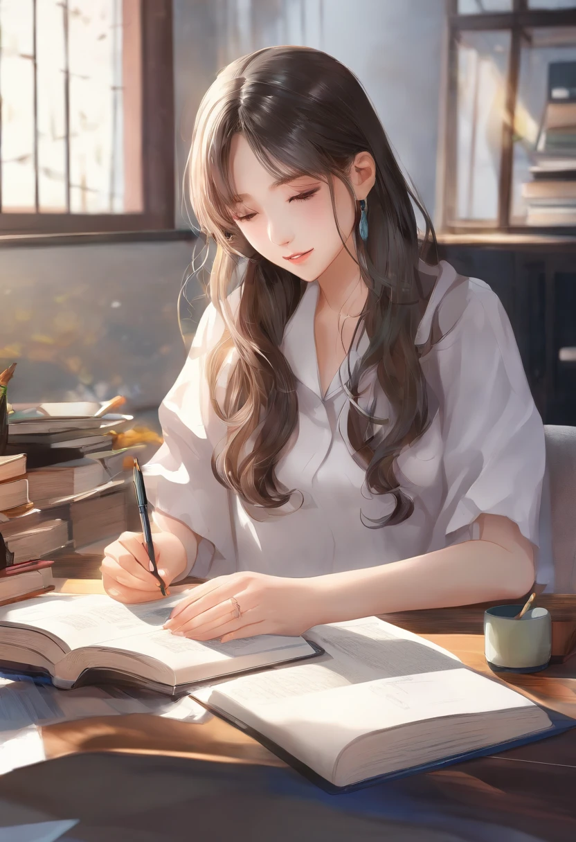 (best quality,4k,8k,highres,masterpiece:1.2),ultra-detailed,(realistic,photorealistic,photo-realistic:1.37),A girl studying on her study table,beautiful detailed eyes,beautiful detailed lips,extremely detailed eyes and face,long eyelashes,stunning long hair,serious look,intelligent expression,focused eyes,meticulously crafted study table,well-organized books and stationery,colorful pens and pencils,neatly arranged notebooks and textbooks,comfortable chair,soft cushion,cozy atmosphere,bright sunlight streaming through the window,soft golden lighting,peaceful ambiance,modern and stylish room decor,thoughtful posture,holding a pen,deeply immersed in her studies,vivid colors,crisp and clear details,artful composition,well-defined contours,subtle shadows,textured background,dreamy color palette,rich color saturation.