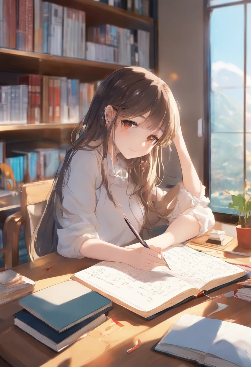 (best quality,4k,8k,highres,masterpiece:1.2),ultra-detailed,(realistic,photorealistic,photo-realistic:1.37),A girl studying on her study table,beautiful detailed eyes,beautiful detailed lips,extremely detailed eyes and face,long eyelashes,stunning long hair,serious look,intelligent expression,focused eyes,meticulously crafted study table,well-organized books and stationery,colorful pens and pencils,neatly arranged notebooks and textbooks,comfortable chair,soft cushion,cozy atmosphere,bright sunlight streaming through the window,soft golden lighting,peaceful ambiance,modern and stylish room decor,thoughtful posture,holding a pen,deeply immersed in her studies,vivid colors,crisp and clear details,artful composition,well-defined contours,subtle shadows,textured background,dreamy color palette,rich color saturation.