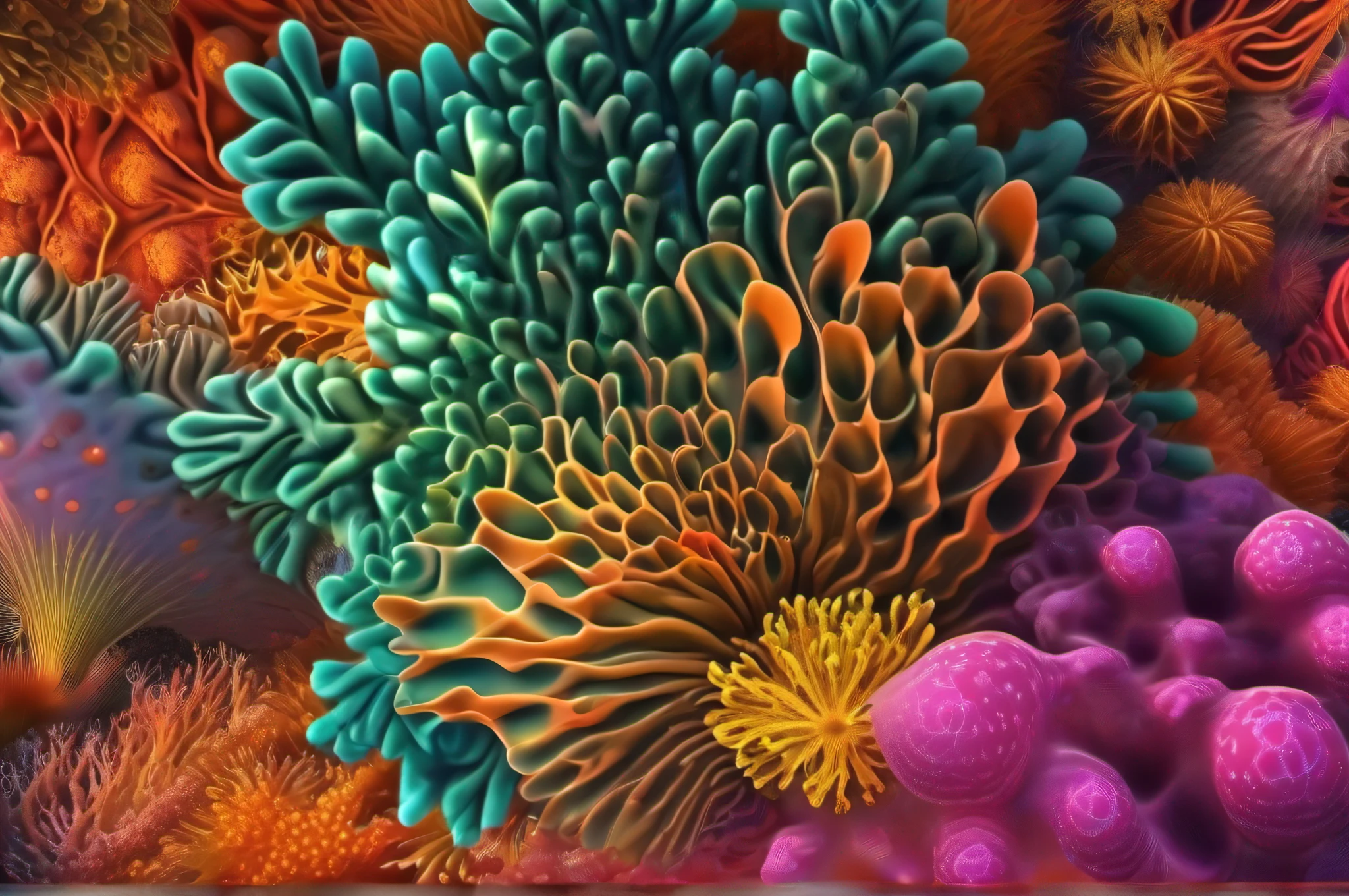 Reef reverie coral red orange oceanic green, purple, yellow cyan, colors L-system fractals, coral art design. Ultra UD 32k. --AR 16:9, --v 5.2, --s 1000, style raw, -- seed 777