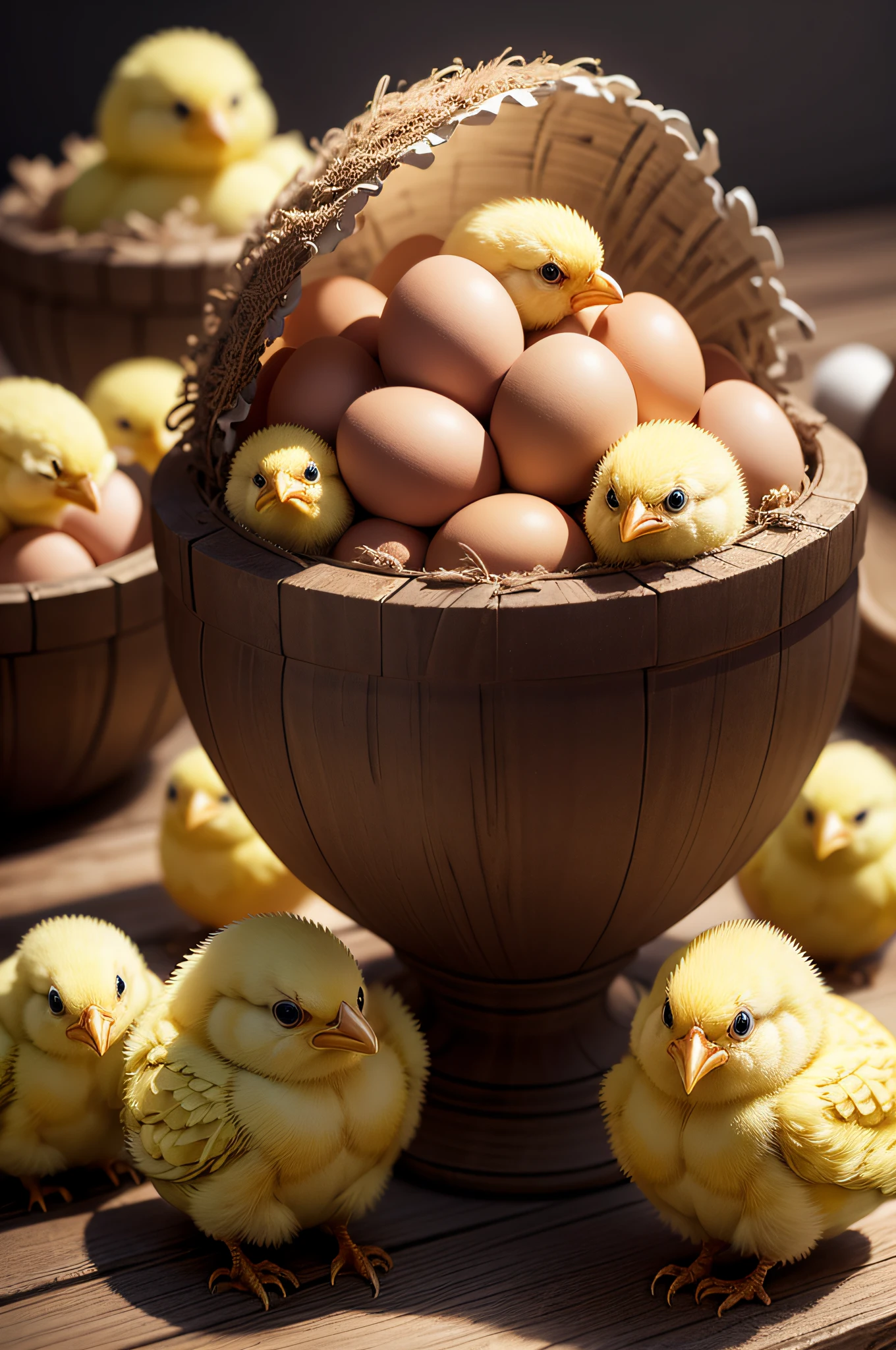 Chicks hatching from eggs, photo realistic, hyper quality, intricate detail, masterpiece, 8k,