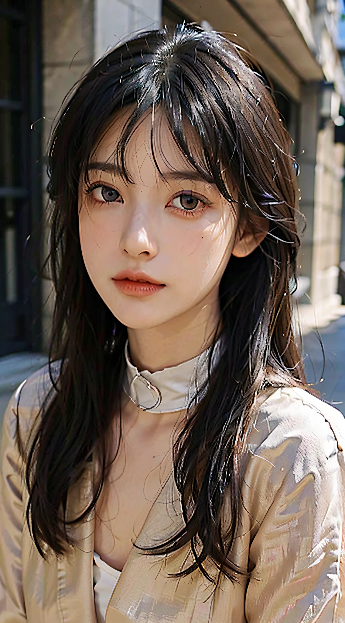1 adult female, (up of face:1.5), Black hair, Blunt bangs, hair behind ear, hair over shoulder, Long hair, Ultra Fine Face, Thin face, Delicate lips, (beautidful eyes:1.5), thin blush, eyes are light brown,View here, (Hands hide), formal jackets, a choker ,Port Area ,One-person viewpoint, 8K, masutepiece, nffsw, Super Detail, High quality, Best Quality, hight resolution,