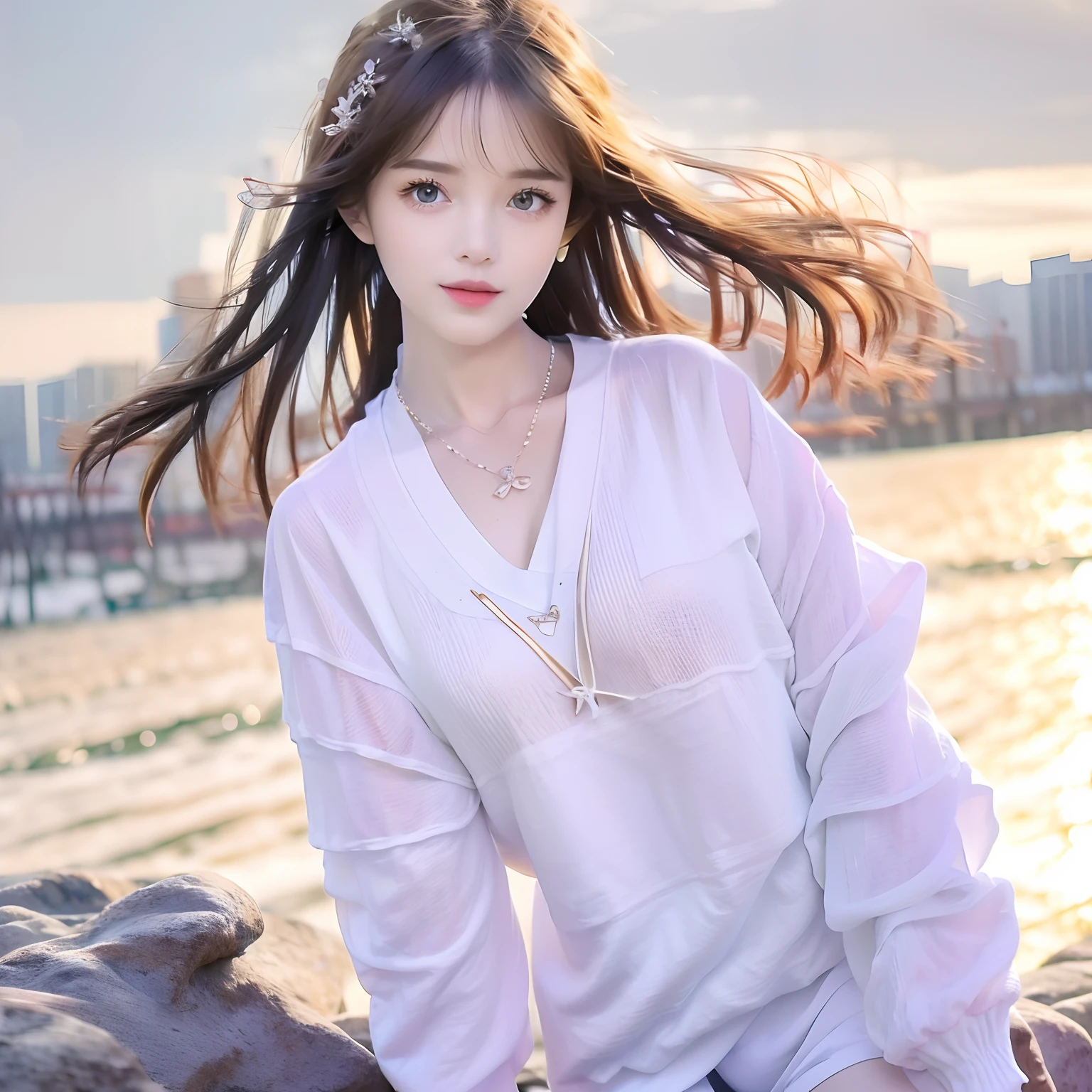 (Masterpiece, Best quality;1.3), Extremely detailed ,Ultra detailed, 1girll,Wearing a white sweatshirt,blue short pants,Lie on the bed,yellow long hair,Snow-white skin,Exaggerated necklace,Tattooed with