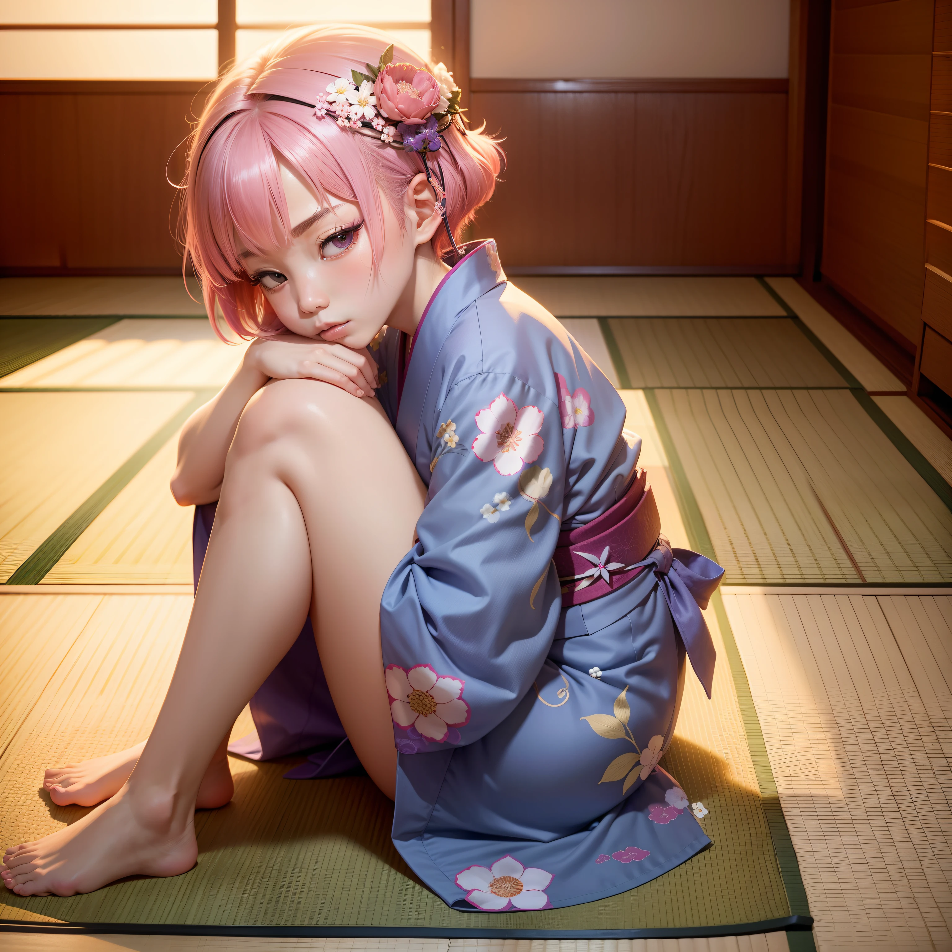 Japanese-style room in the Japan, momohd, phmomo, Solo, 1girl in,  Pink hair, Purple eyes, Short hair, Hair Flower, Naked and upward, Big eyes, embarrassed,Sleep on tatami mats,bare-legged,Happy,Chest exposed,Crotch exposed,A yukata is falling on the tatami mats