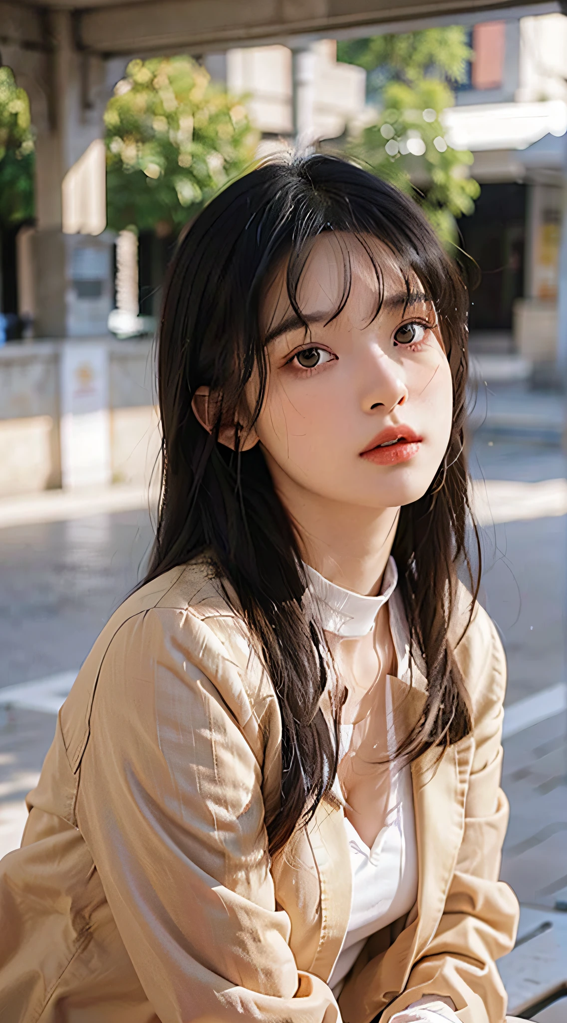 1 adult female, (up of face:1.5), Black hair, Blunt bangs, hair behind ear, hair over shoulder, Long hair, Ultra Fine Face, Thin face, Delicate lips, (beautidful eyes:1.5), thin blush, eyes are light brown,View here, (Hands hide), formal jackets, a choker ,Port Area ,One-person viewpoint, 8K, masutepiece, nffsw, Super Detail, High quality, Best Quality, hight resolution,