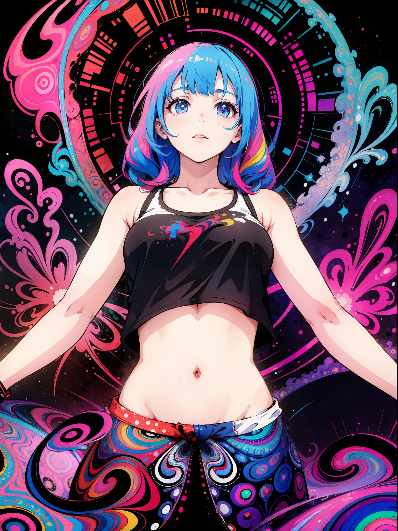(psychedelic art:1.5), (from below:1.2), girl in t-shirt covered in blood, black and white