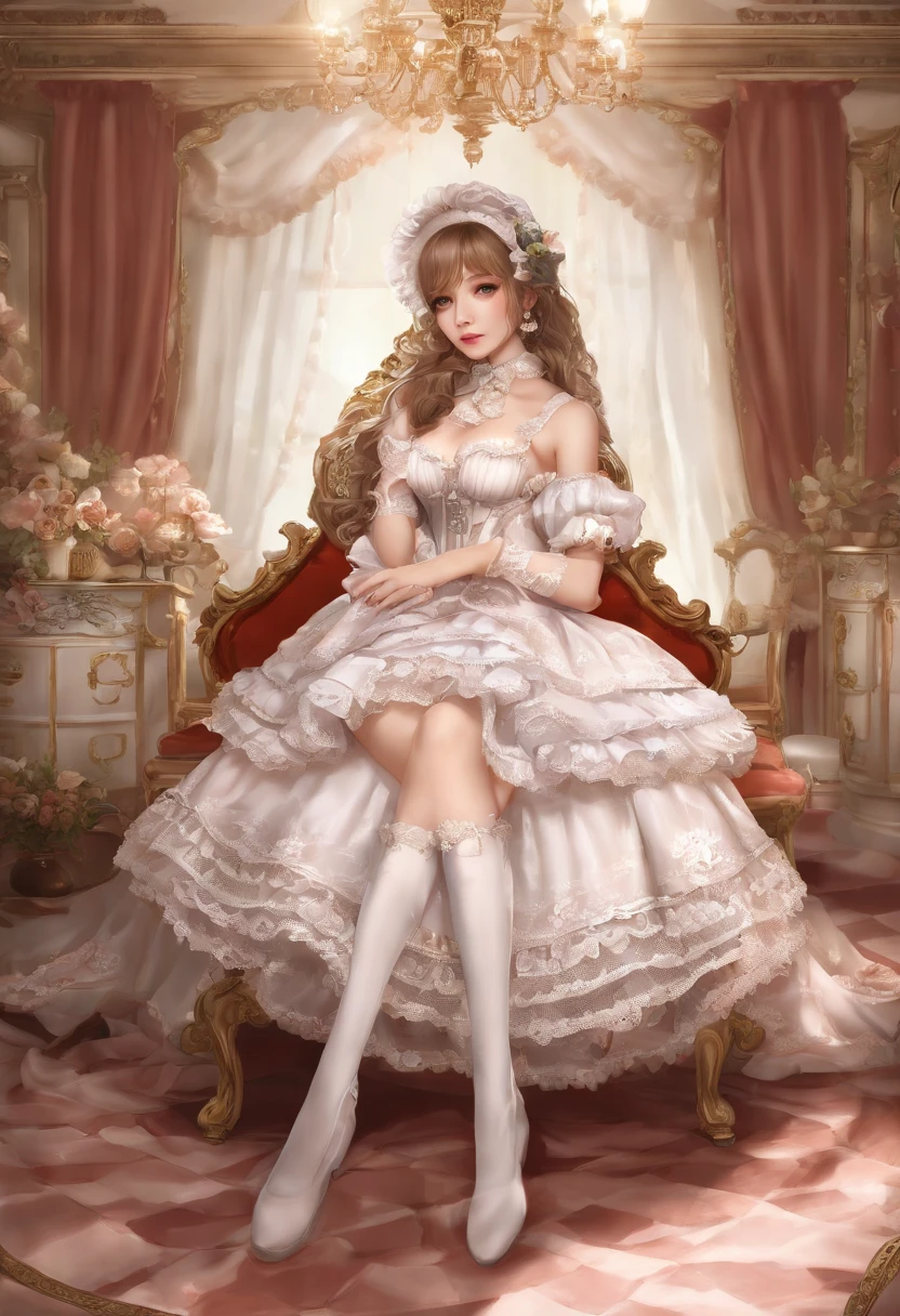 (lingerie:1.3), Takanobu Fujiwara(Takanobu Fujiwara)Digital rendering inspired by, pixiv, rococo, Victoria Gothic Lolita Fashion, Lolita Style,lolita fashion, one-piece,She is lying on a bed in the palace kitchen,petticoat,open your legs, (Detailed description of the garment), cold, White skin, (Detailed description of blush), 1080p,8k wallpaper、Top Quality