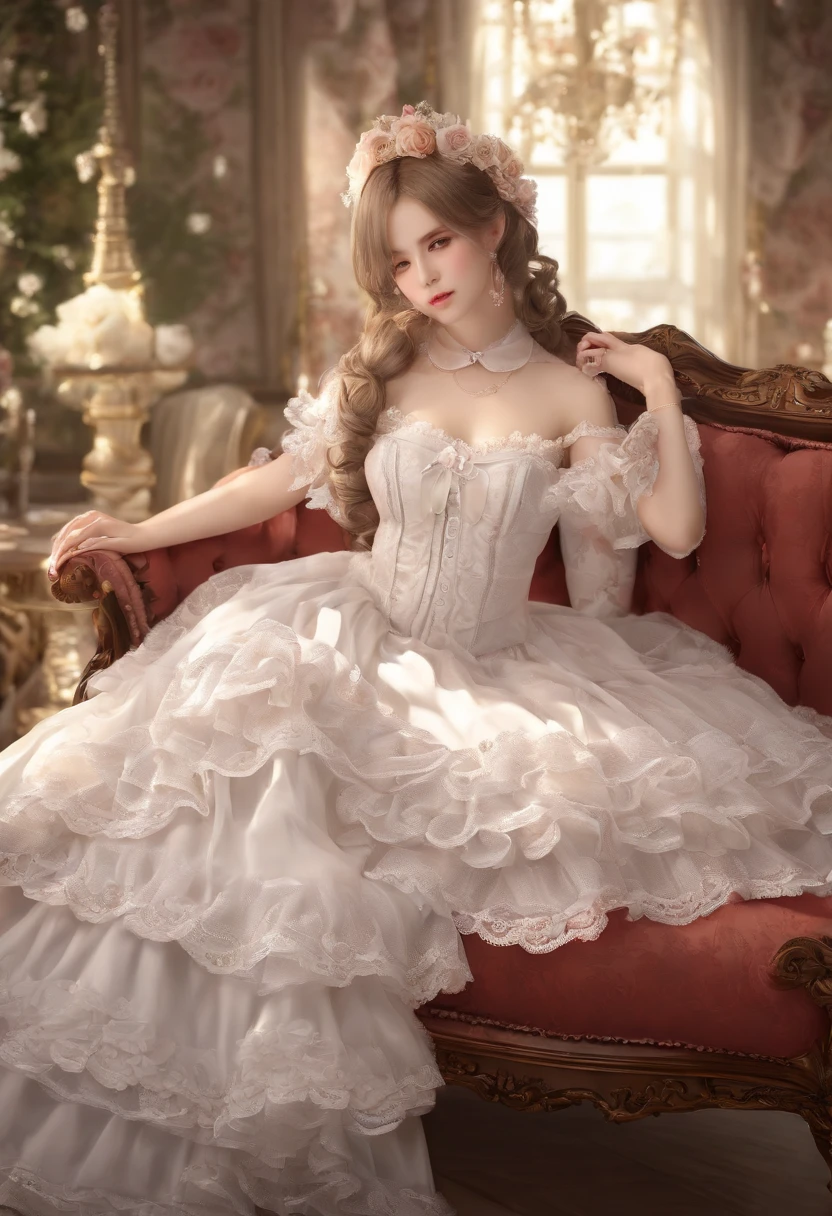 (lingerie:1.3), Takanobu Fujiwara(Takanobu Fujiwara)Digital rendering inspired by, pixiv, rococo, Victoria Gothic Lolita Fashion, Lolita Style,lolita fashion, one-piece,She is lying on a bed in the palace kitchen,petticoat,open your legs, (Detailed description of the garment), cold, White skin, (Detailed description of blush), 1080p,8k wallpaper、Top  Quality