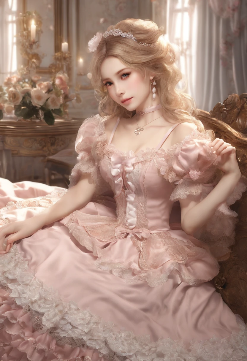 (lingerie:1.3), Takanobu Fujiwara(Takanobu Fujiwara)Digital rendering inspired by, pixiv, rococo, Victoria Gothic ta Fashion, Lolityle,lolita fon, one-piece,She is lying on a bed in the palace kitchen,petticoat,open your legs, (Detailed description of the garment), cold, White skin, (Detailed description of blush), 1080p,8k wallpaper、Top  Quality