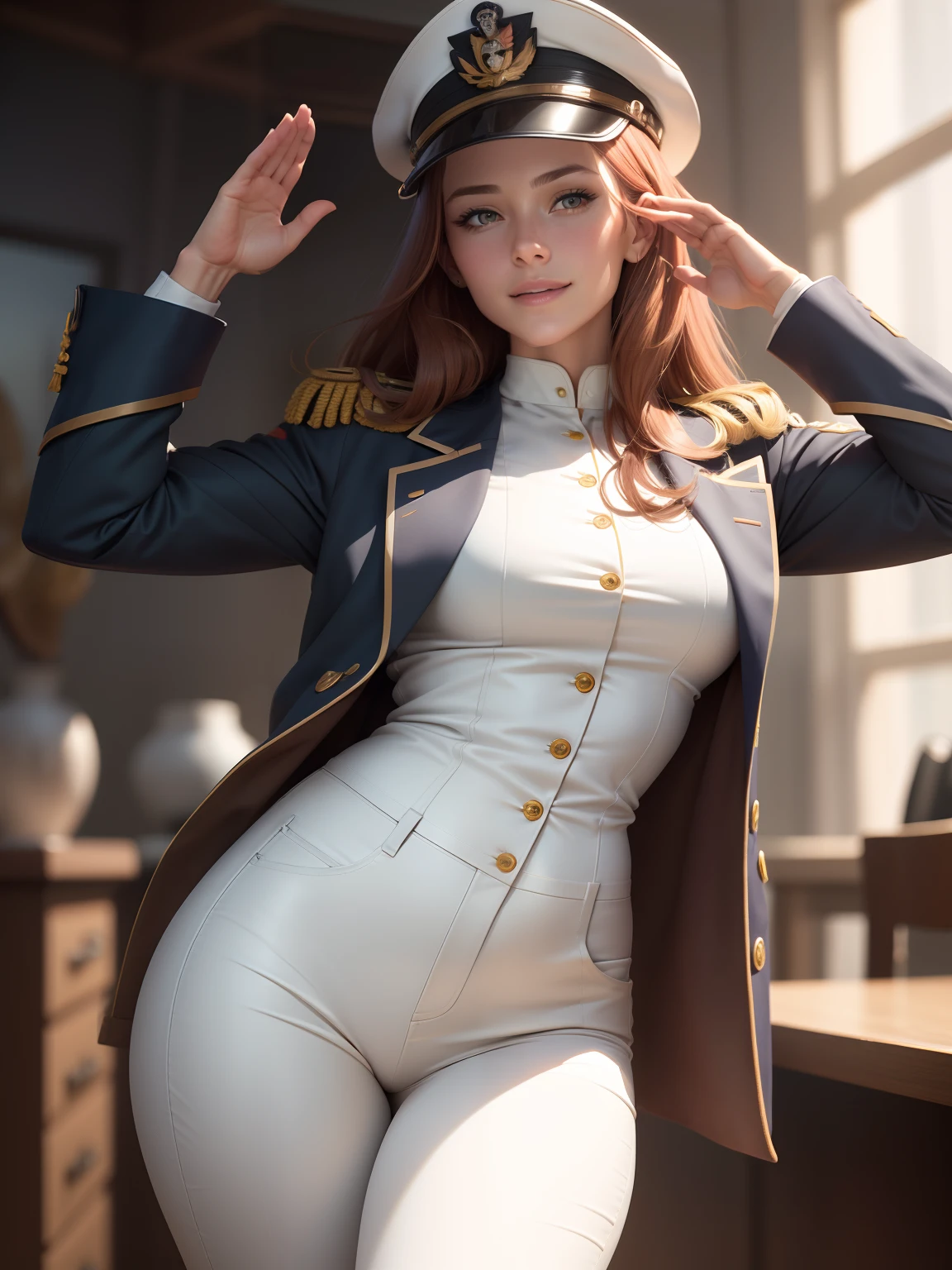 (1girl:1.4), (sfw), (clothed), (masterpiece), illustration,(realistic:1.5), (specular lighting:1.4), (hyperrealistic:1.2), (photorealistic face:1.2), (perfect face), (best quality), (8k), (4k), photorealistic, sharp focus, octane render, best quality, extremely detailed, intricate, hyper detailed, fantasy, soft lighting,(small breasts:1.4), (skindentation:1.3), Matilda Ajan from Gundam, Matilda Agen, Matilda Ajan, looking straight at viewer, tan full uniform, tan color uniform, tight off-white pants, slim body, perfect body, standing straight up, military attention, military salute, one hand down, tan officer uniform, tan military jacket, tan buttoned up jacket, perfect hands, military officer hat, tan color hat, warm smile, kind smile, gundam in the background, auburn hair, one hand down, cropped hair, thigh gap