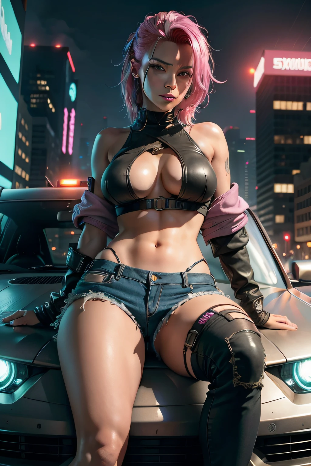 cyberpunk, night city, dystopian future, sci-fi, (8k), (best quality), (masterpiece:1.2), (realistic), (photorealistic:1.0), ultra-detailed, 1girls, cute, topless, showing her tits, flashing tits, smile, beautiful detailed eyes, beautiful detailed nose, full body, wearing tanktop,denim shorts, sit in a car, from below, realistic skin texture, attractive face, pink hair,