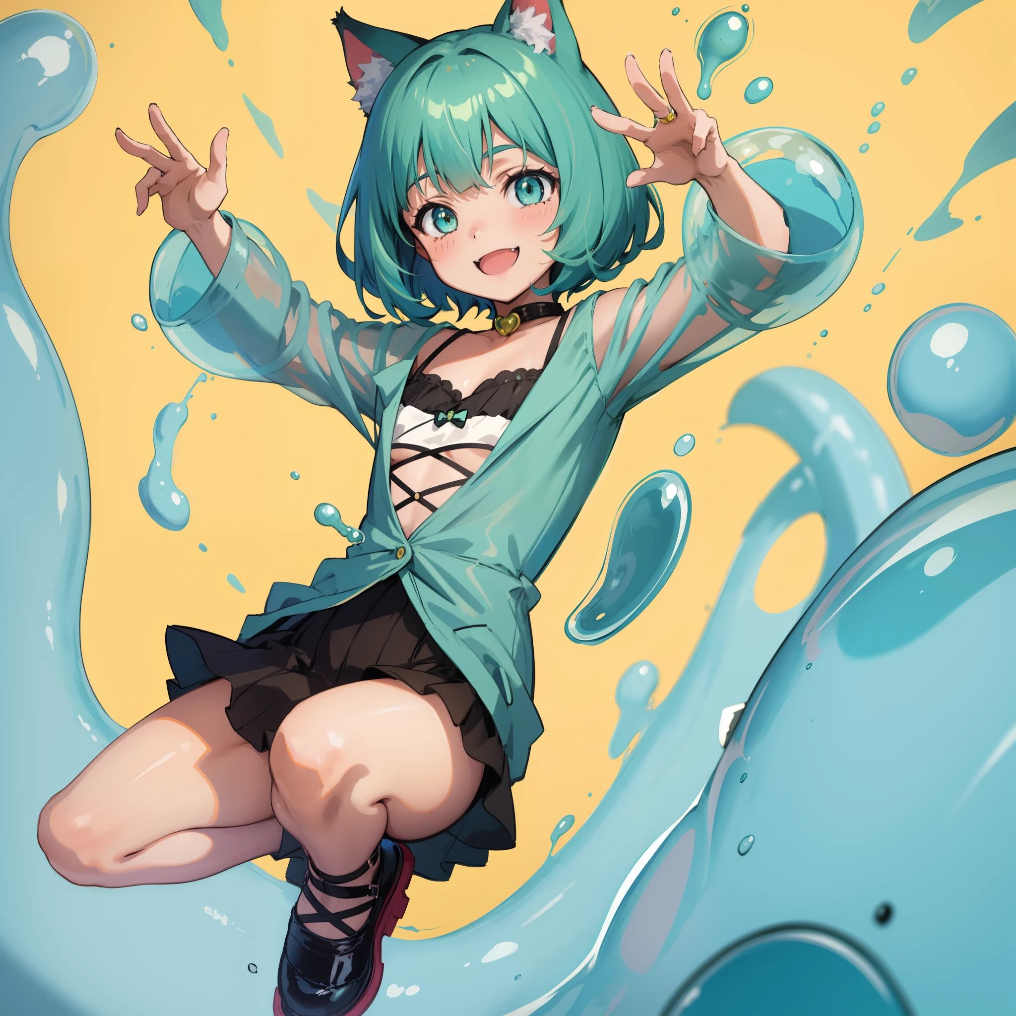 cat girl with short turquoise hair in a bobcut, smile, dynamic pose, plain background, slime