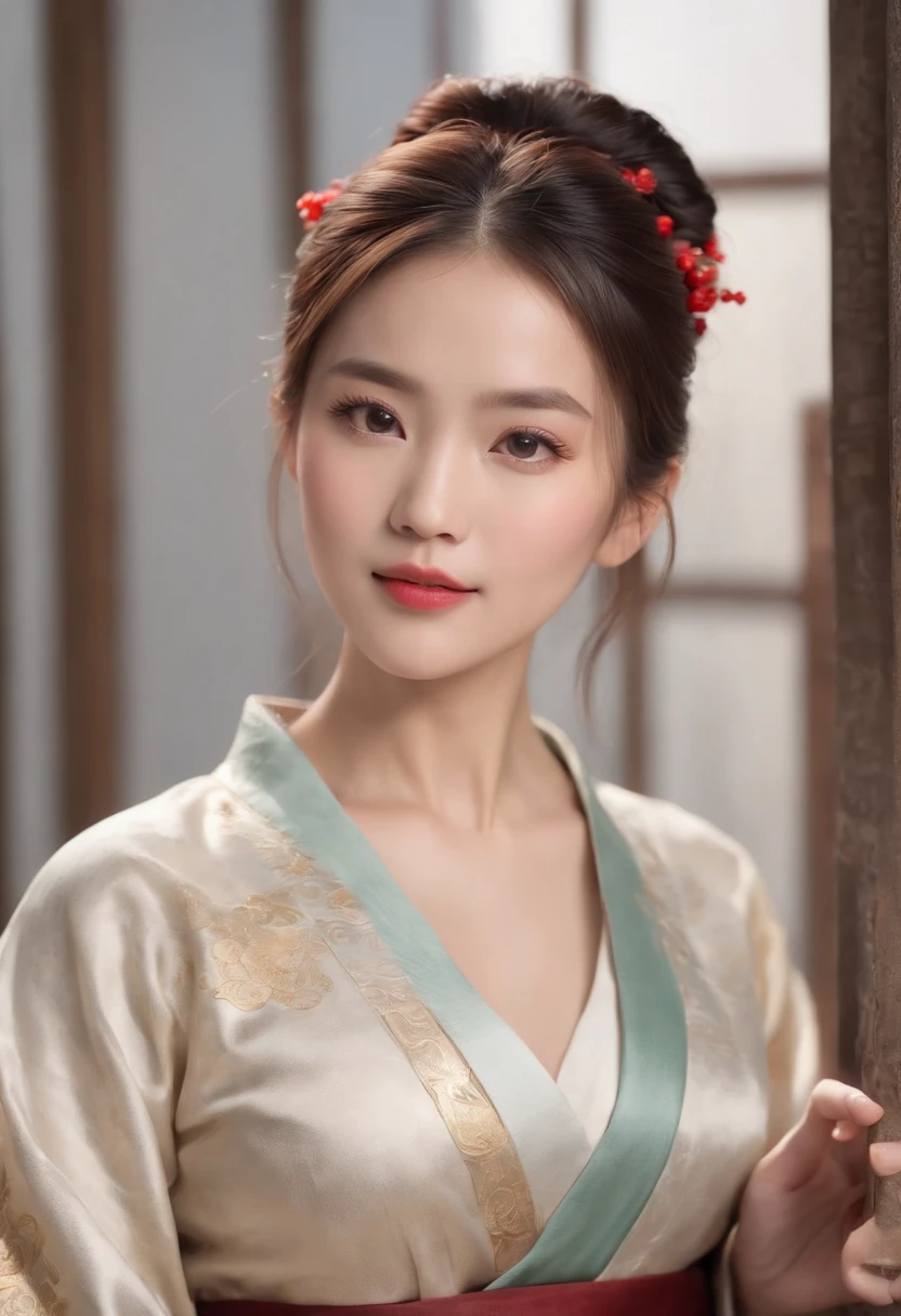 A beautiful woman dressed in Han costume,(Holding a painting in both hands),hair-bun,Hanfu,middle aged women,aged 40,Stunning,(Full body like),(Best quality,4K,8K,A high resolution,Masterpiece:1.2),(Ultra-detailed),(Realistic,Photorealistic,photo-realistic:1.37),(hdr),(hyper HD),(Studio lighting),(Ultra-fine painting),(Sharp focus),(Physically-based rendering),(Extreme detail description),(professional),(Vivid colors),(Bokeh),(sportrait),(Chinese calligraphy),(Warm color tones),(Soft lighting),Chinese Ancient Architecture