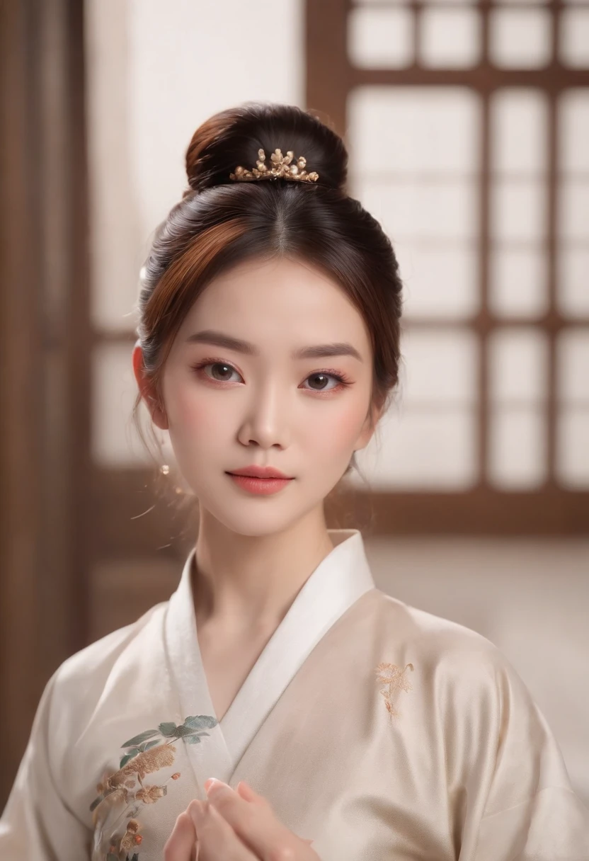 A beautiful woman dressed in Han costume，（Holding a painting in both hands），hair-bun，Hanfu，middle aged women，aged 40，Stunning，（Full body like），(Best quality,4K,8K,A high resolution,Masterpiece:1.2),(Ultra-detailed),(Realistic,Photorealistic,photo-realistic:1.37),(hdr),(hyper HD),(Studio lighting),(Ultra-fine painting),(Sharp focus),(Physically-based rendering),(Extreme detail description),(professional),(Vivid colors),(Bokeh),(sportrait),(Chinese calligraphy),(Warm color tones),(Soft lighting)，Chinese Ancient Architecture