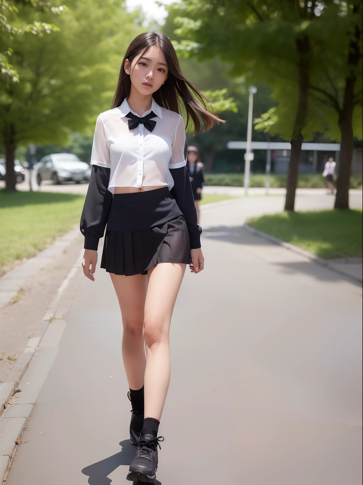 18 Year Old Woman, Long hair, Raw photo, Bokeh (Realism: 1.4, Realistic), high-definition CG unified 8K wallpapers, 1girl in, ((Slim body: 1)), (Small breasts: 1), Back to viewers, ((Direct view from the front)), (HQ Skin: 1.4), 8K UHD, Digital SLR, Soft light, High quality, Film grain, FujifilmXT3, ((School uniform, Short skirt,See-through open skirt:1.5)), ((plein air, on the park))) jangjoo, Portrait,((Layered short haircuts, Black Hire,tiny chest:1.2)),(Looking at Viewer:1.4),(Full body:1.8),Detailed face,undergarment,