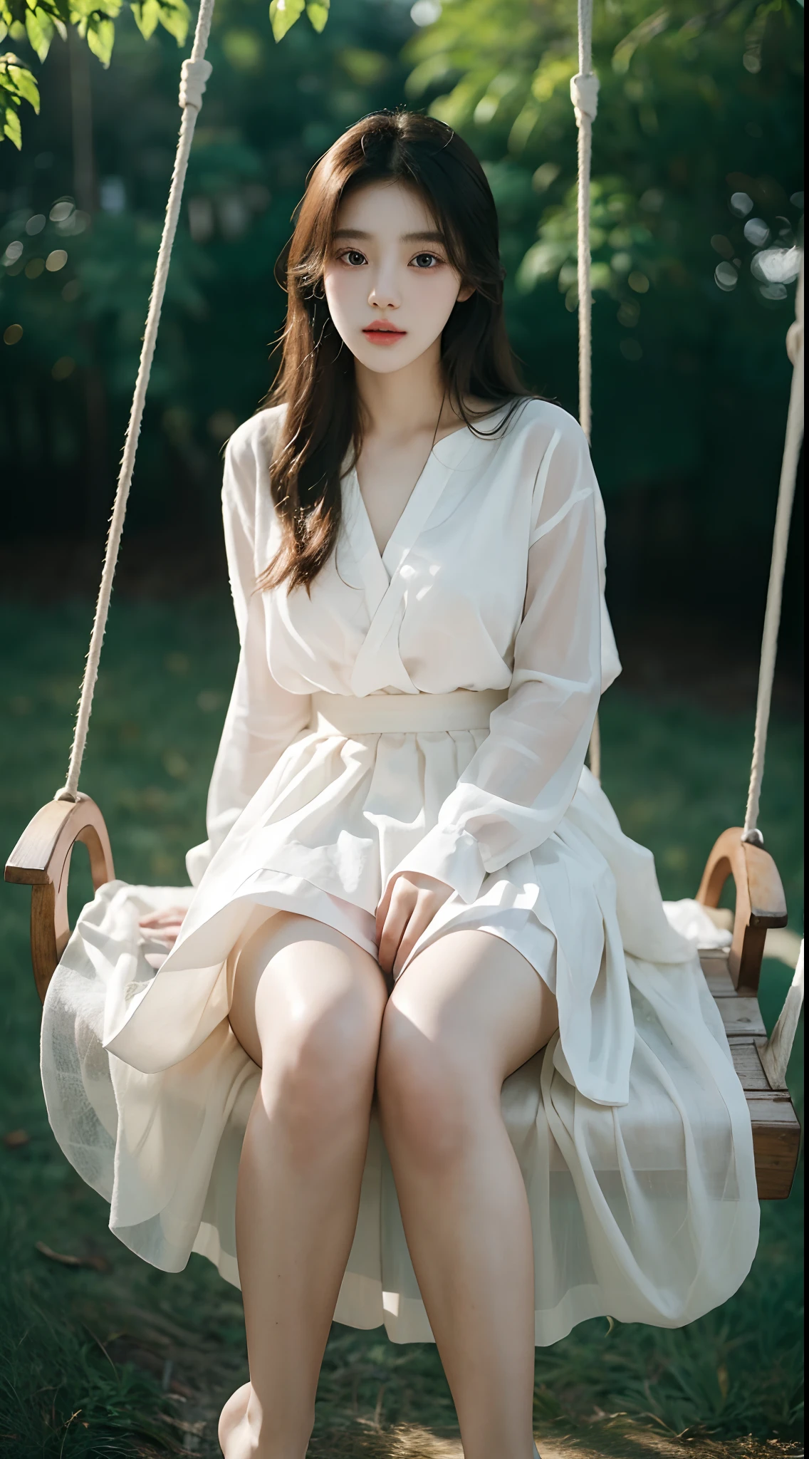 (Best quality, Masterpiece), 1girll, Korean girls,18yr old,Absolutely beautiful, Amazing, sitting on a swing,Noble,perfect bodies, Charming eyes,Long eyelashes,sensual lip,White skin,The gauze skirt flew up,Very real,goodlooking,Ethereal beauty