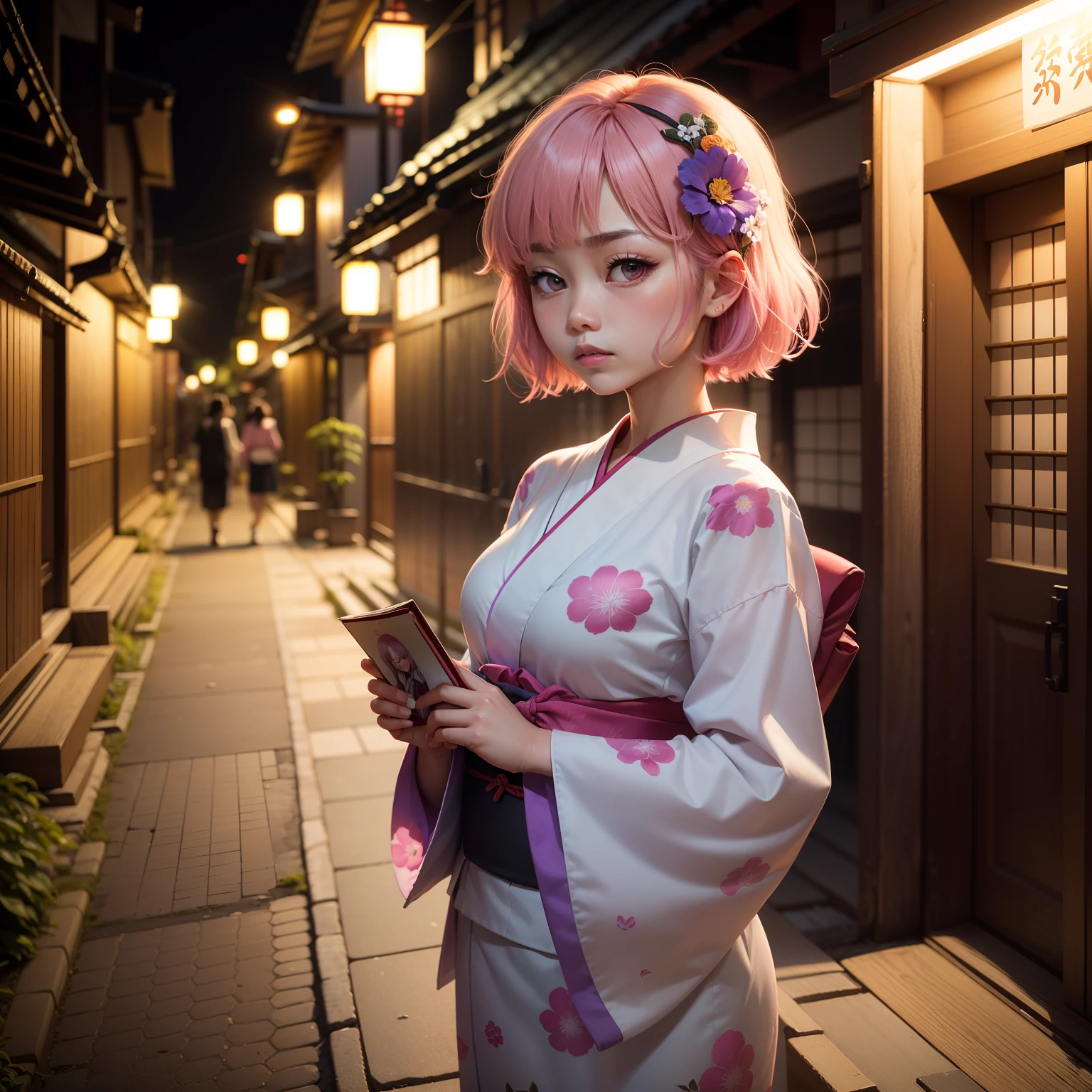 Ryokans in Japan, momohd, phmomo, Solo, 1girl in, Pink hair, Purple eyes, Short hair, Hair Flower, in yukata,Kamimei, Big eyes, embarrassed,