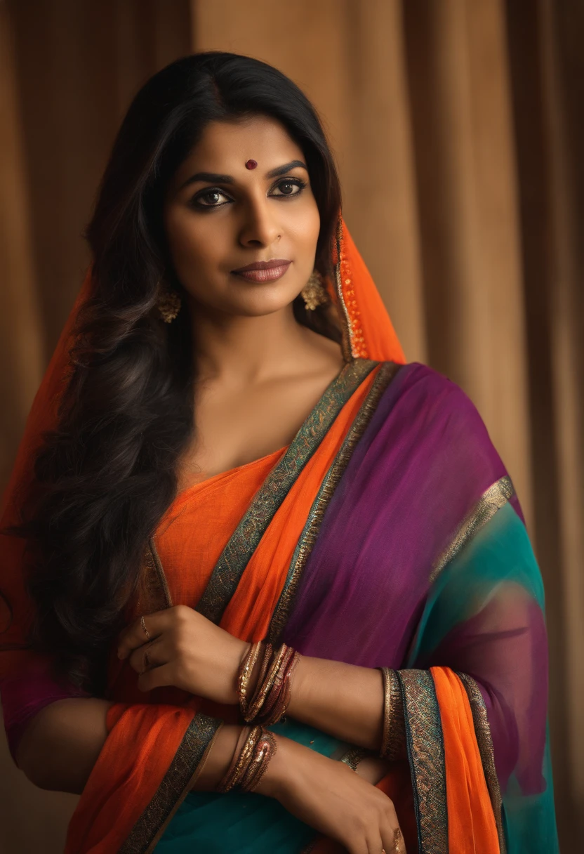 a 30 year old woman, indian, house wife, looking straight at the camera, talking