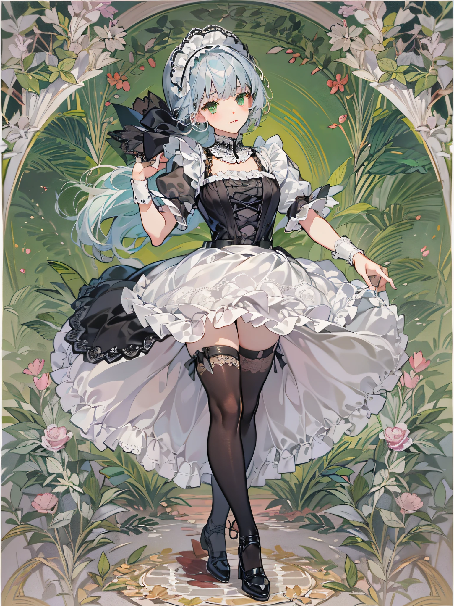 teen girl, solo, full body, blue silver hair, blunt bangs and short hair, green eyes,  She is standing one foot and other foot to back that is arabesque style like a ballet, She is wearing black maid costume, white lace collar with, white color apron that has breastplate and has white lace ruffles at shoulder straps, head dress with white lace ruffles, black strapped shoes, Mucha-Style Backgrounds