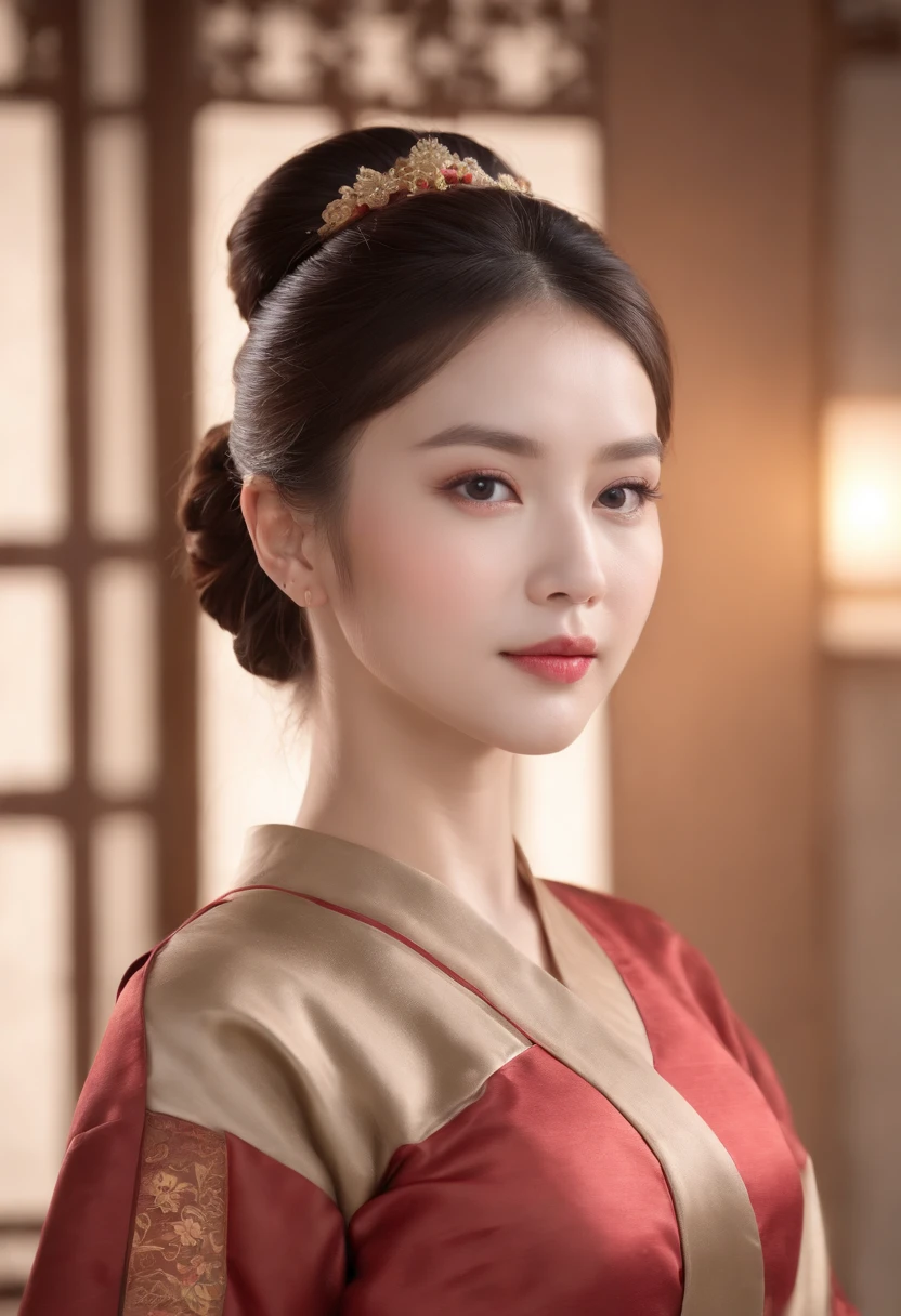 A beautiful woman dressed in Han costume，Holding a painting in both hands，hair-bun，Hanfu，middle aged women，aged 40，Stunning，｛Full body like｝，(Best quality,4K,8K,A high resolution,Masterpiece:1.2),(Ultra-detailed),(Realistic,Photorealistic,photo-realistic:1.37),(hdr),(hyper HD),(Studio lighting),(Ultra-fine painting),(Sharp focus),(Physically-based rendering),(Extreme detail description),(professional),(Vivid colors),(Bokeh),(sportrait),(Chinese calligraphy),(Warm color tones),(Soft lighting)，Chinese Ancient Architecture