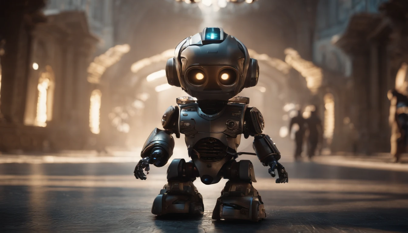 a , Kid Robot,(masterpiece,extreme detailed,top quality) , Ruin ,very cute robot, (Movie lighting),(light and shadow effect),(unreal-engine),(Tyndall),(cinema4d),(Super futuristic fantasy style),(8k wallpaper),(tmasterpiece),(Photography Award),realisticlying