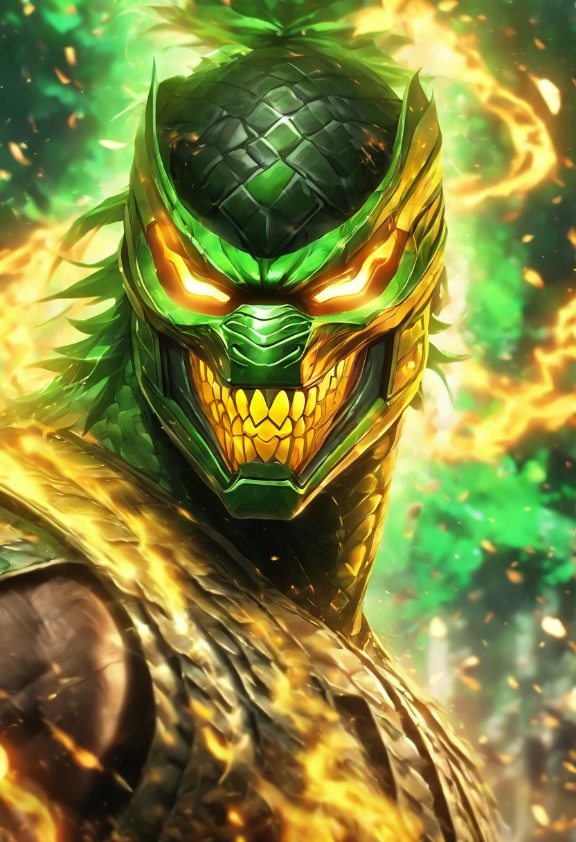Mortal Kombat Reptile, comes out of the forest in the fog, atmosphere of darkness and horror, uhd image, mosaic-inspired realism, --ar 71:121 --s 750 --niji 5